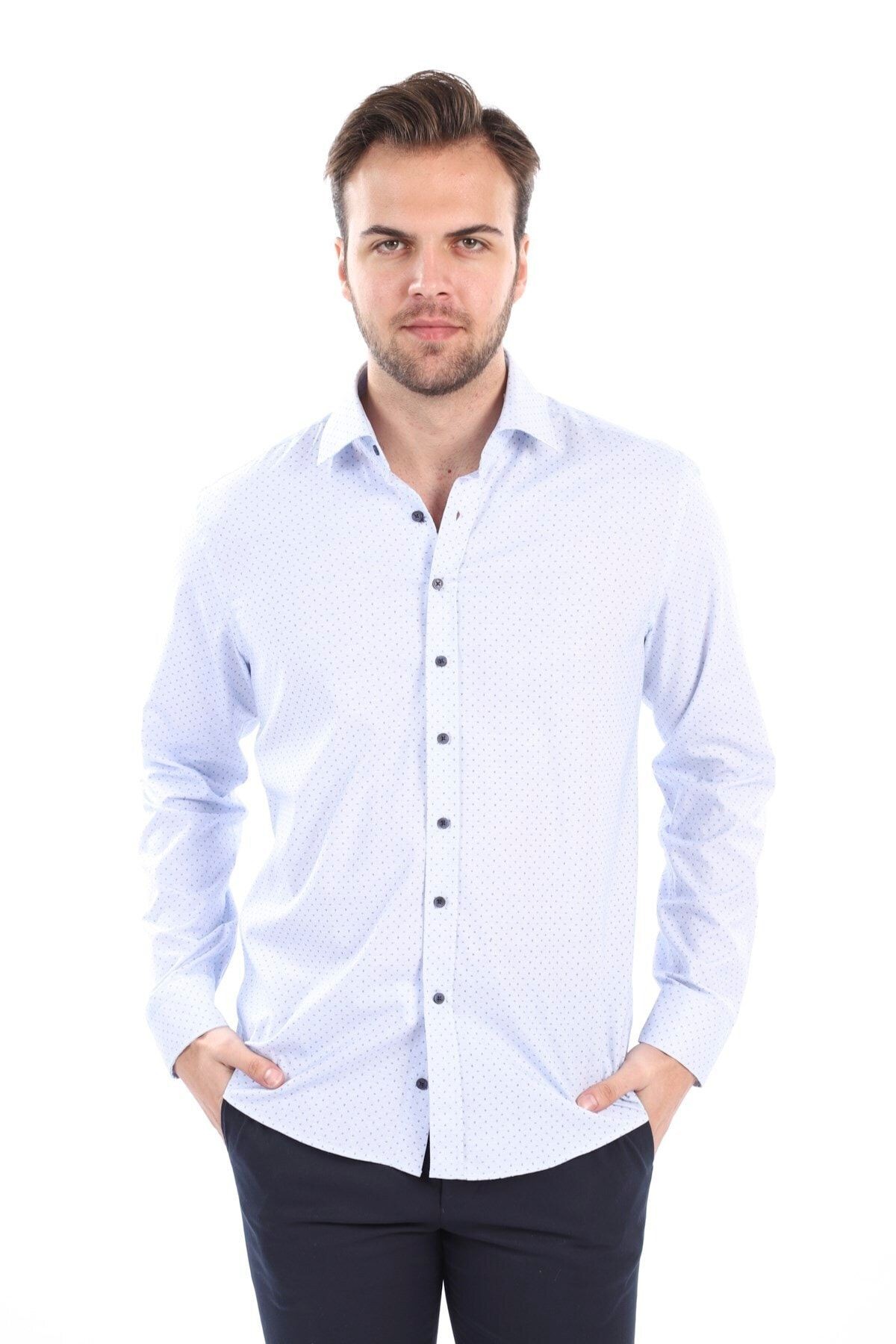 Baskılı Mavi Slim Fit Likralı Gömlek