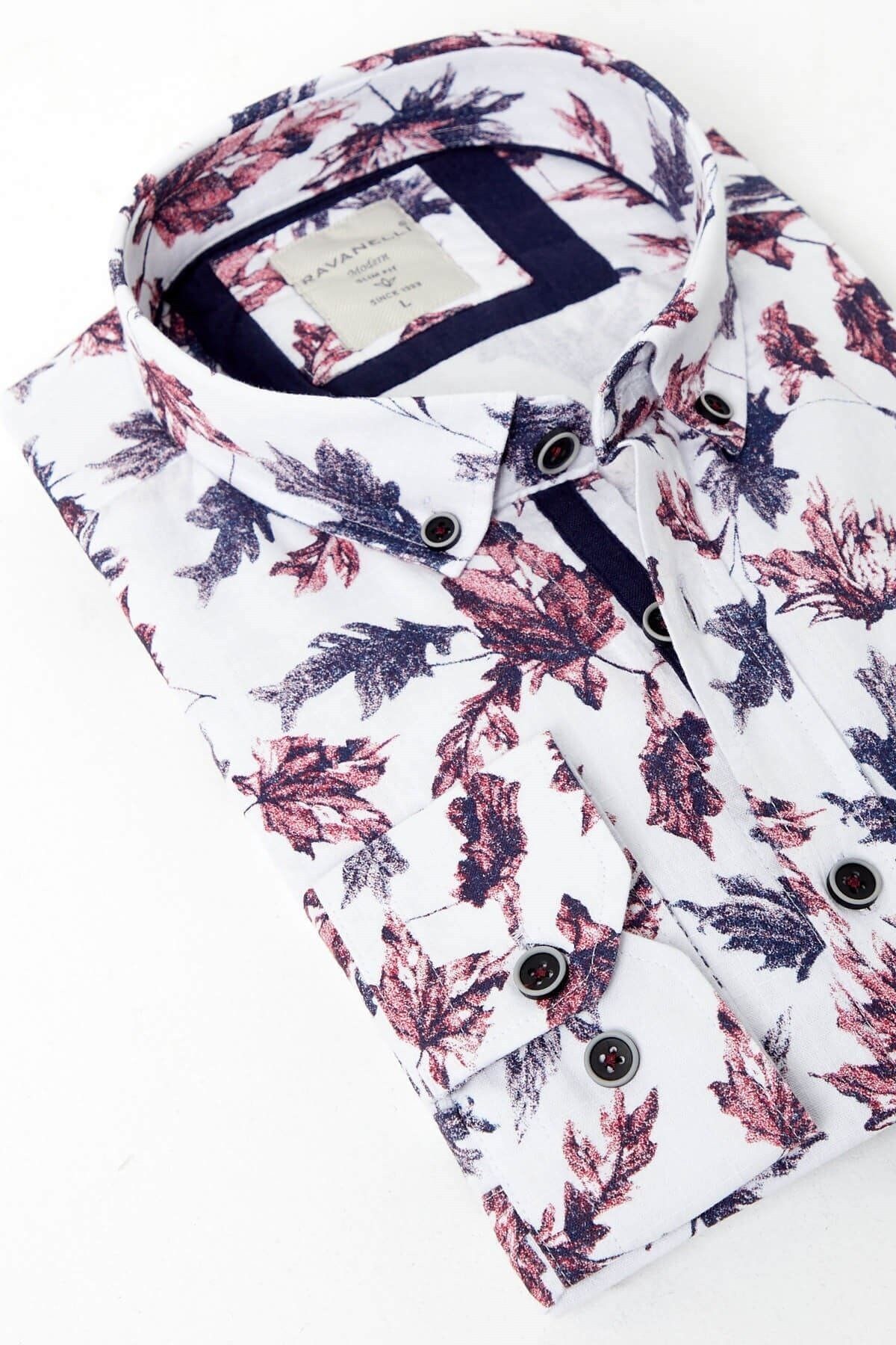 %100 Pamuk Keten Bordo Baskılı Slim Fit Uzun Kol Keten Gömlek