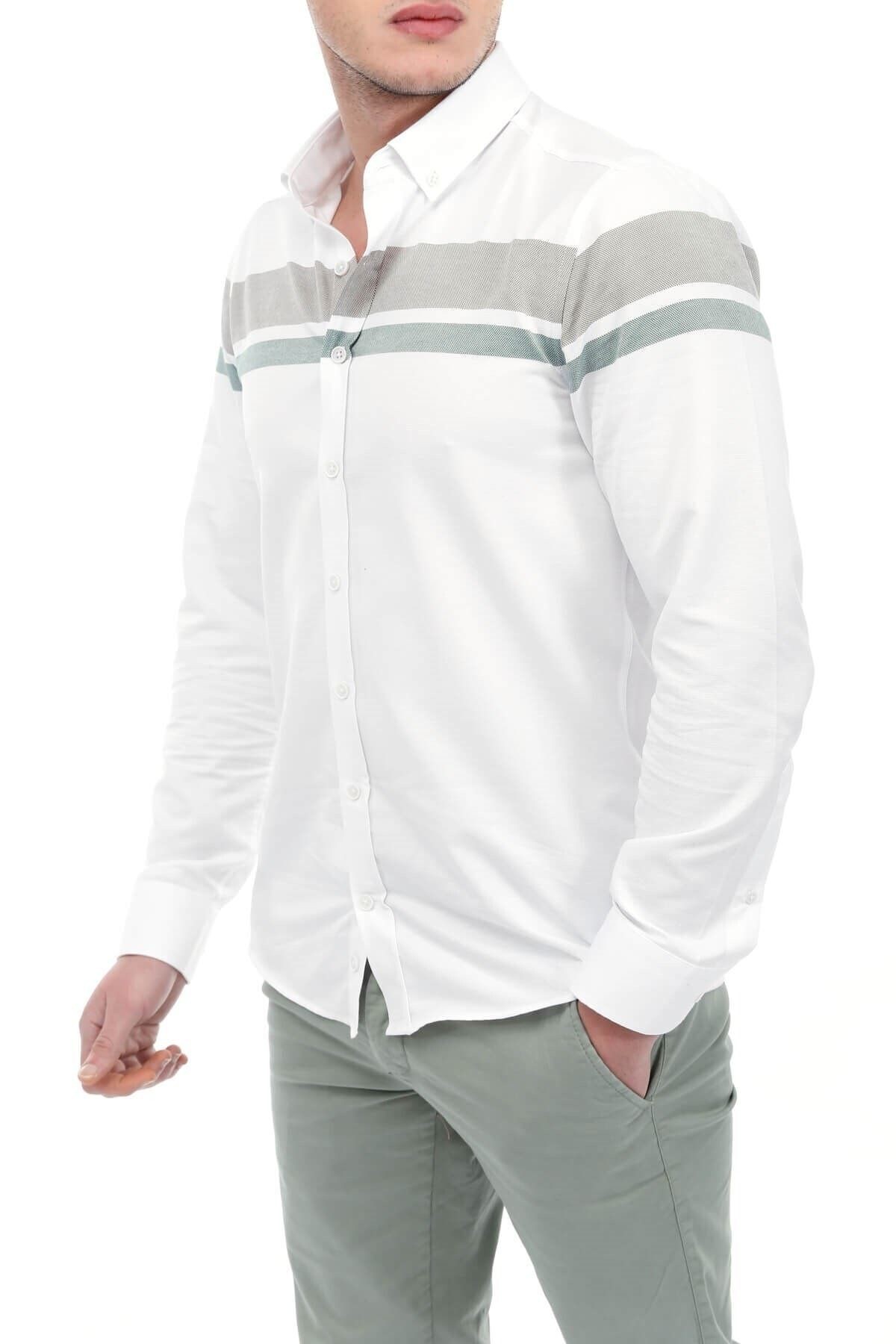 Haki Panolu Beyaz Slim Fit Gömlek