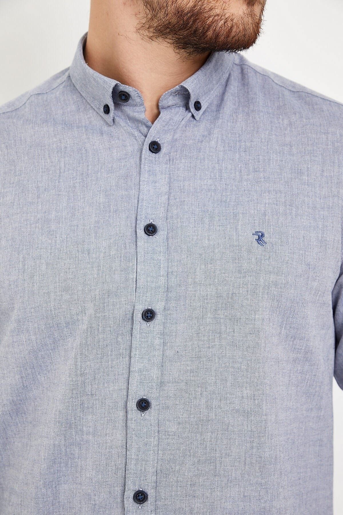 Açık Lacivert Pamuklu Slim Fit Uzun Kol Gömlek