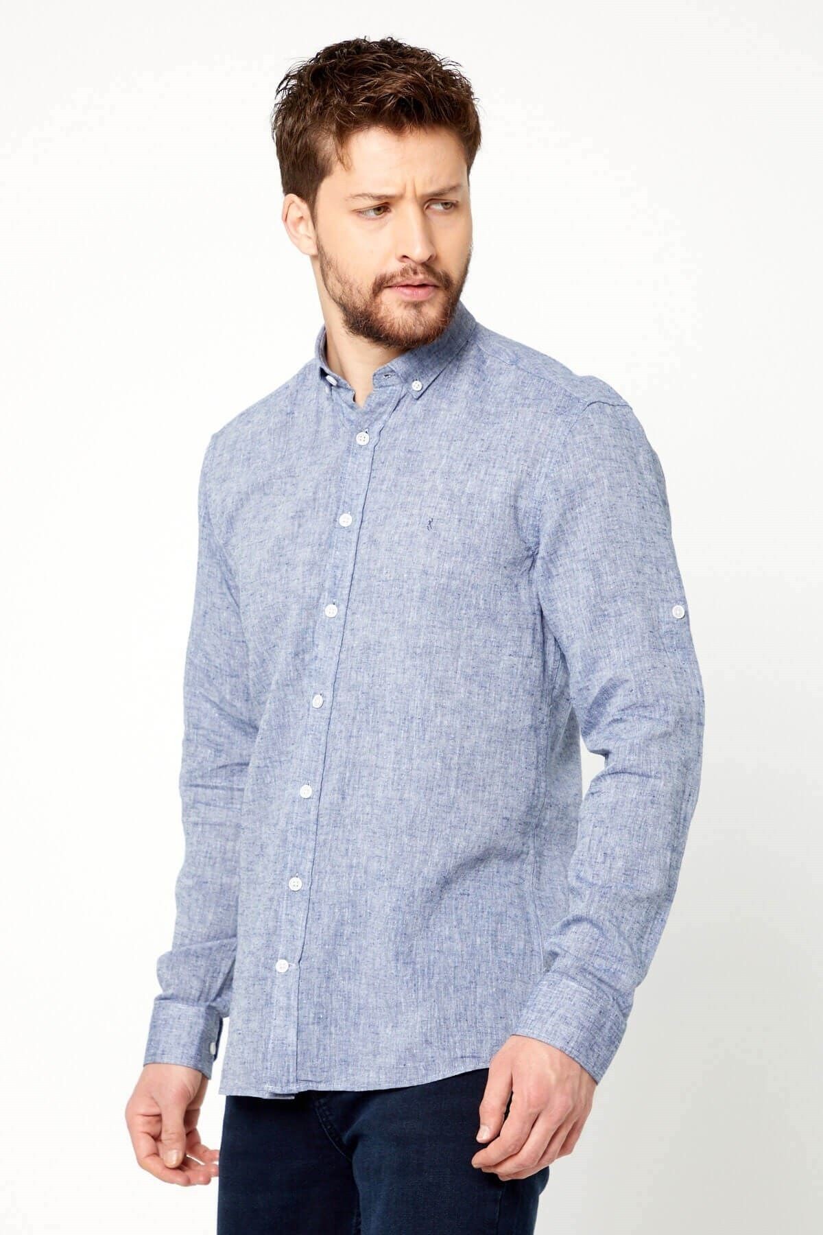 Lacivert Slim Fit Uzun Kol Keten Gömlek