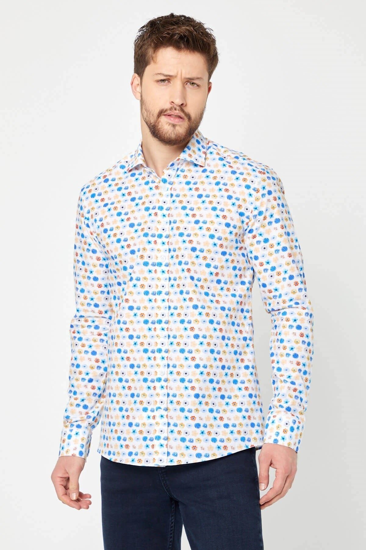 %100 Pamuk Çiçek Baskılı Slim Fit Uzun Kol Gömlek