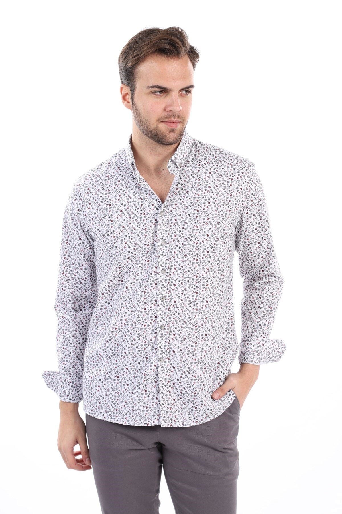 Baskılı Beyaz Slim Fit Likralı Gömlek
