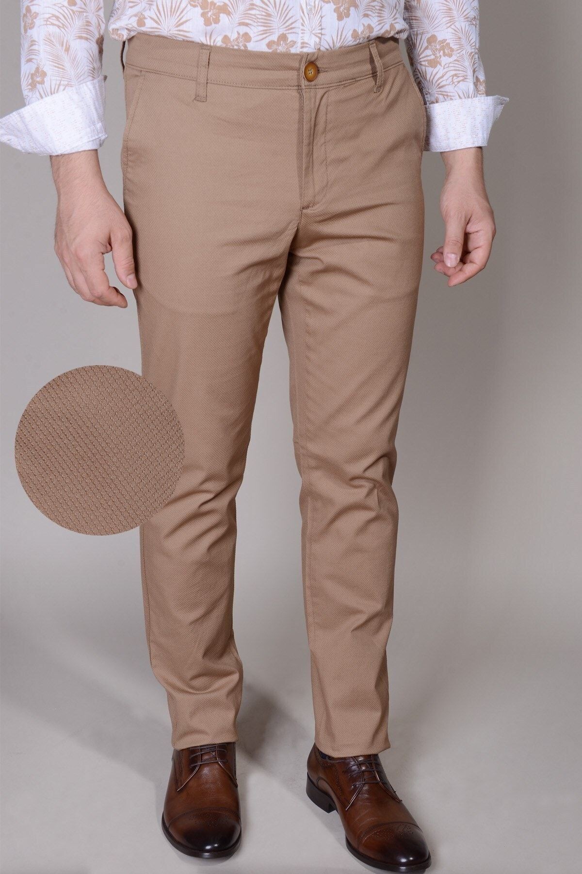 Erkek Bej Regular Fit Armürlü Pantolon