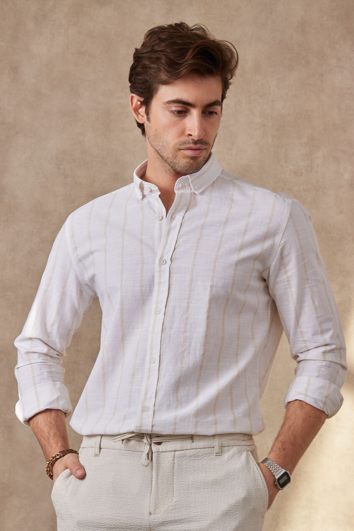 Çizgili Modern Slim Fit Keten Uzun Kol Erkek Gömlek
