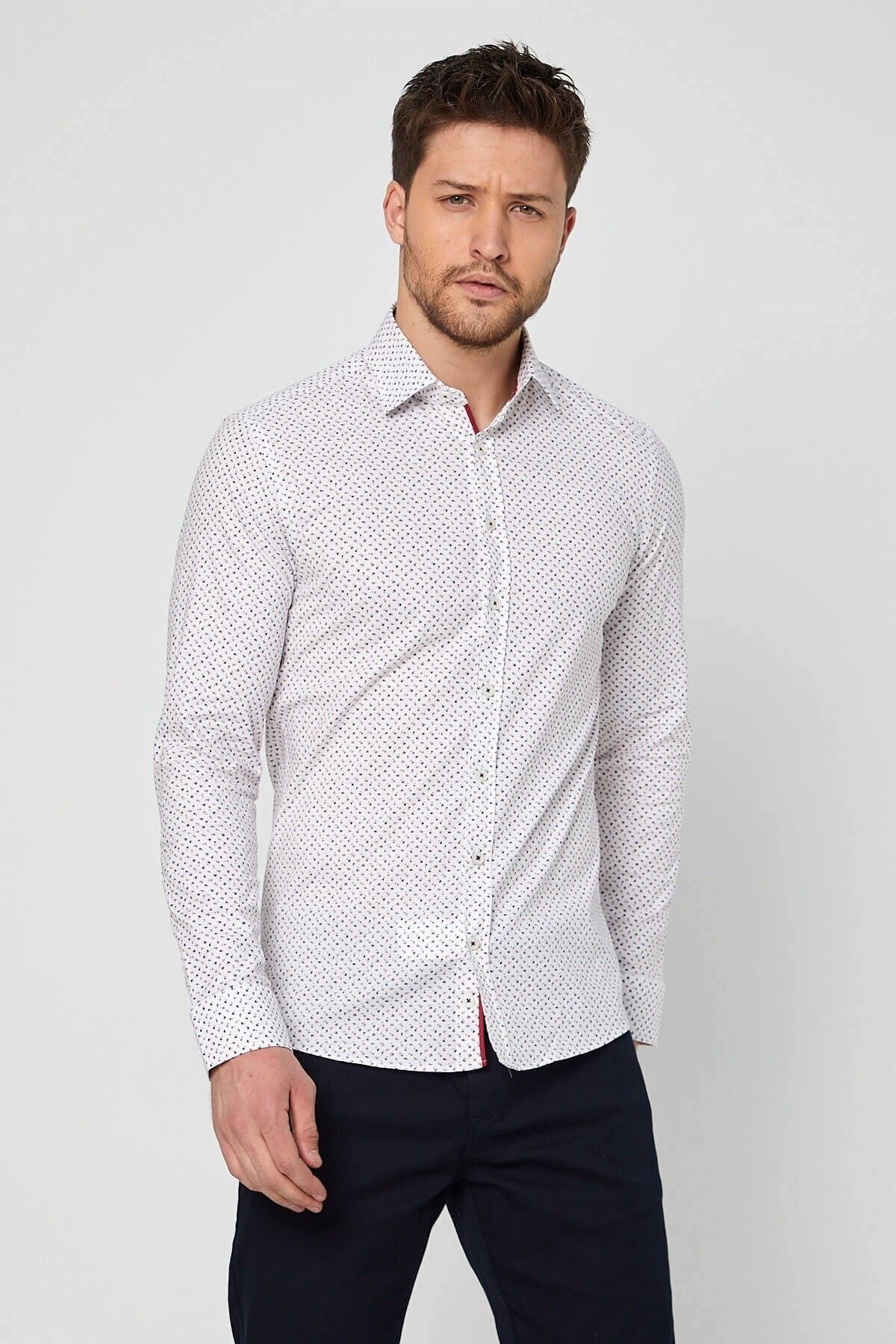 Bordo Baskılı Beyaz Slim Fit Uzun Kol Gömlek