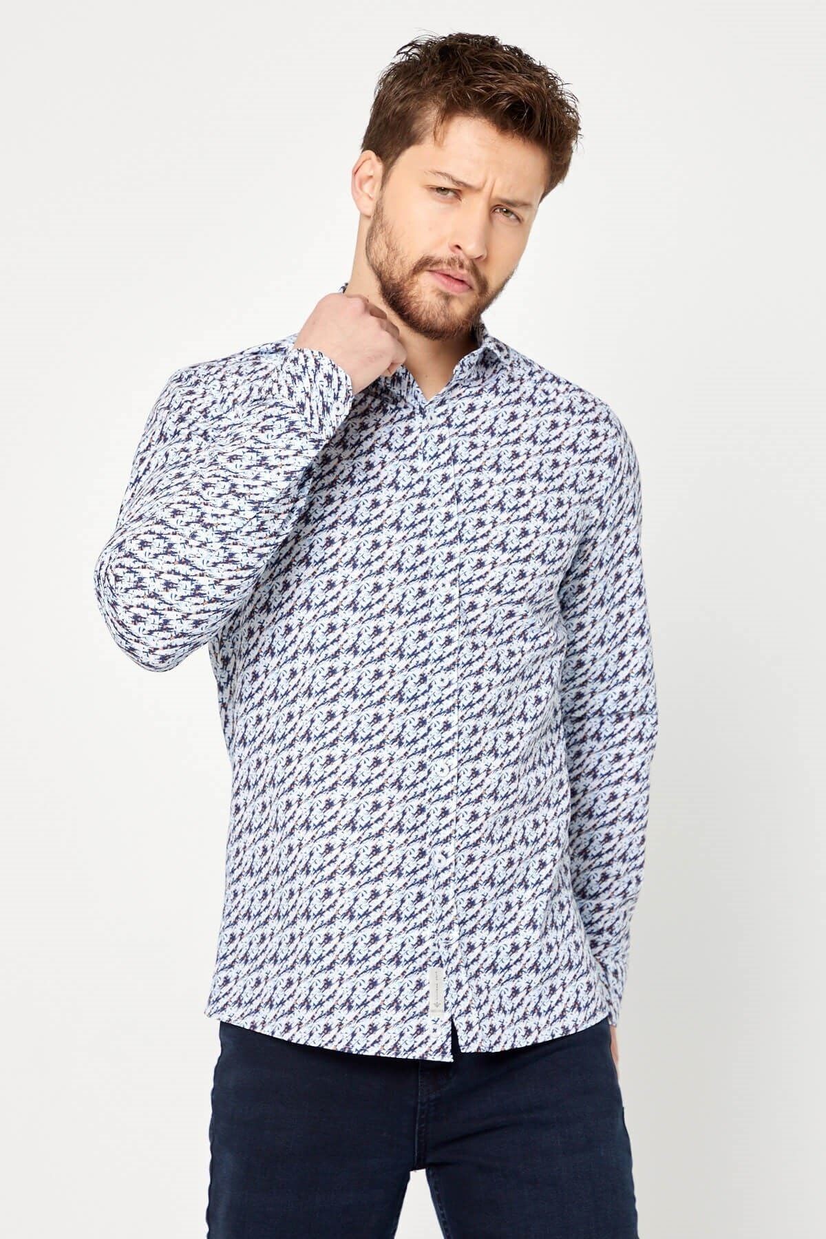 %100 Pamuk Lacivert Baskılı Slim Fit Uzun Kol Gömlek