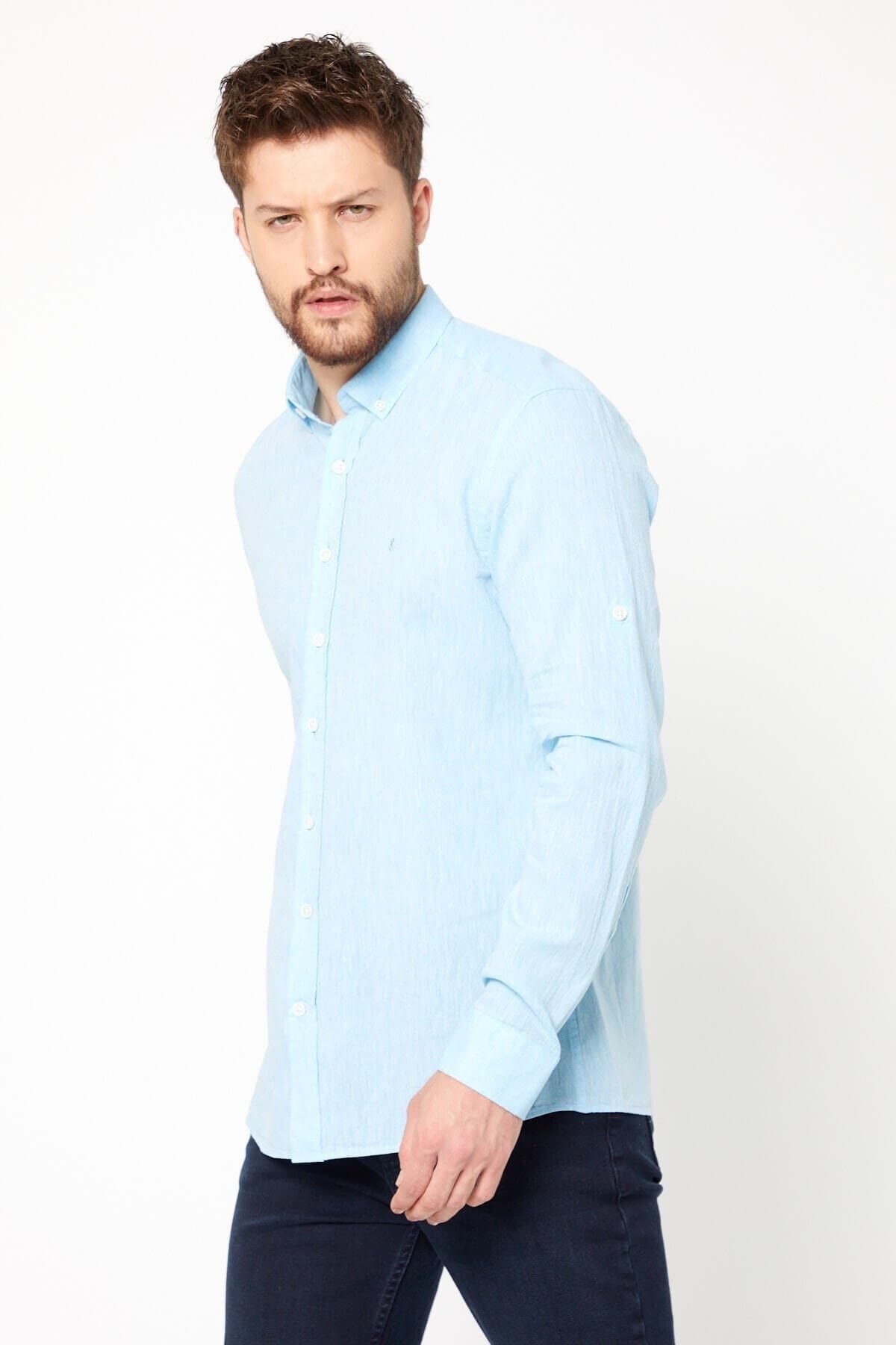 Turkuaz Slim Fit Uzun Kol Keten Gömlek