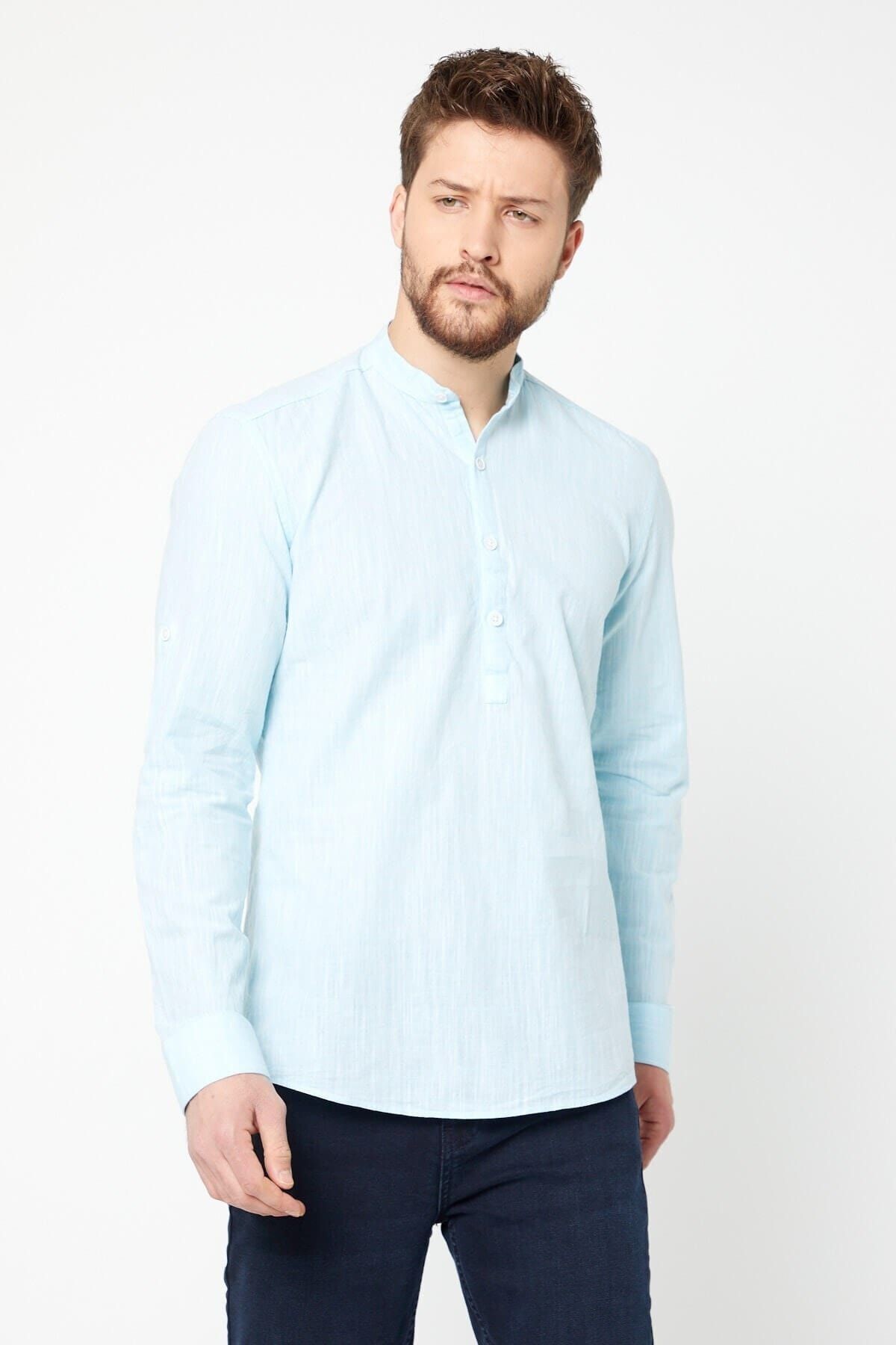 Keten Hakim Yaka Yarım Pat Turkuaz Slim Fit Uzun Kol Gömlek