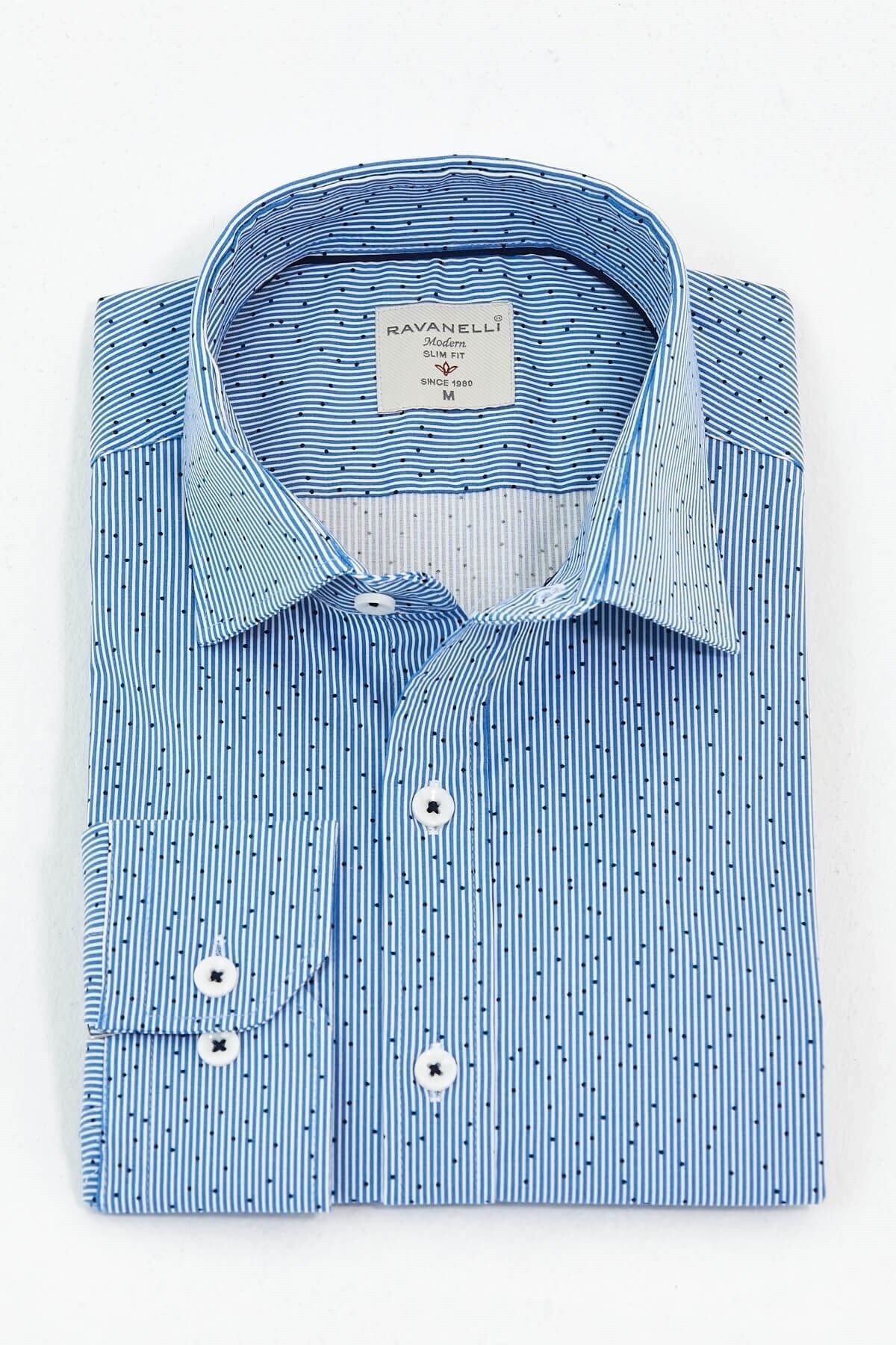Mavi Baskılı Slim Fit Uzun Kol Gömlek