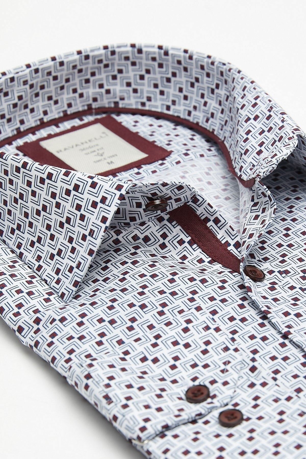 Bordo Baskılı Beyaz Slim Fit Uzun Kol Gömlek