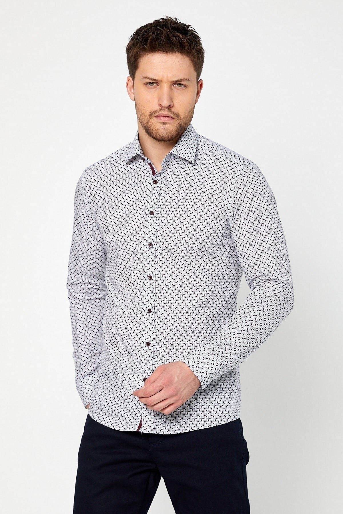 Bordo Baskılı Beyaz Slim Fit Uzun Kol Gömlek