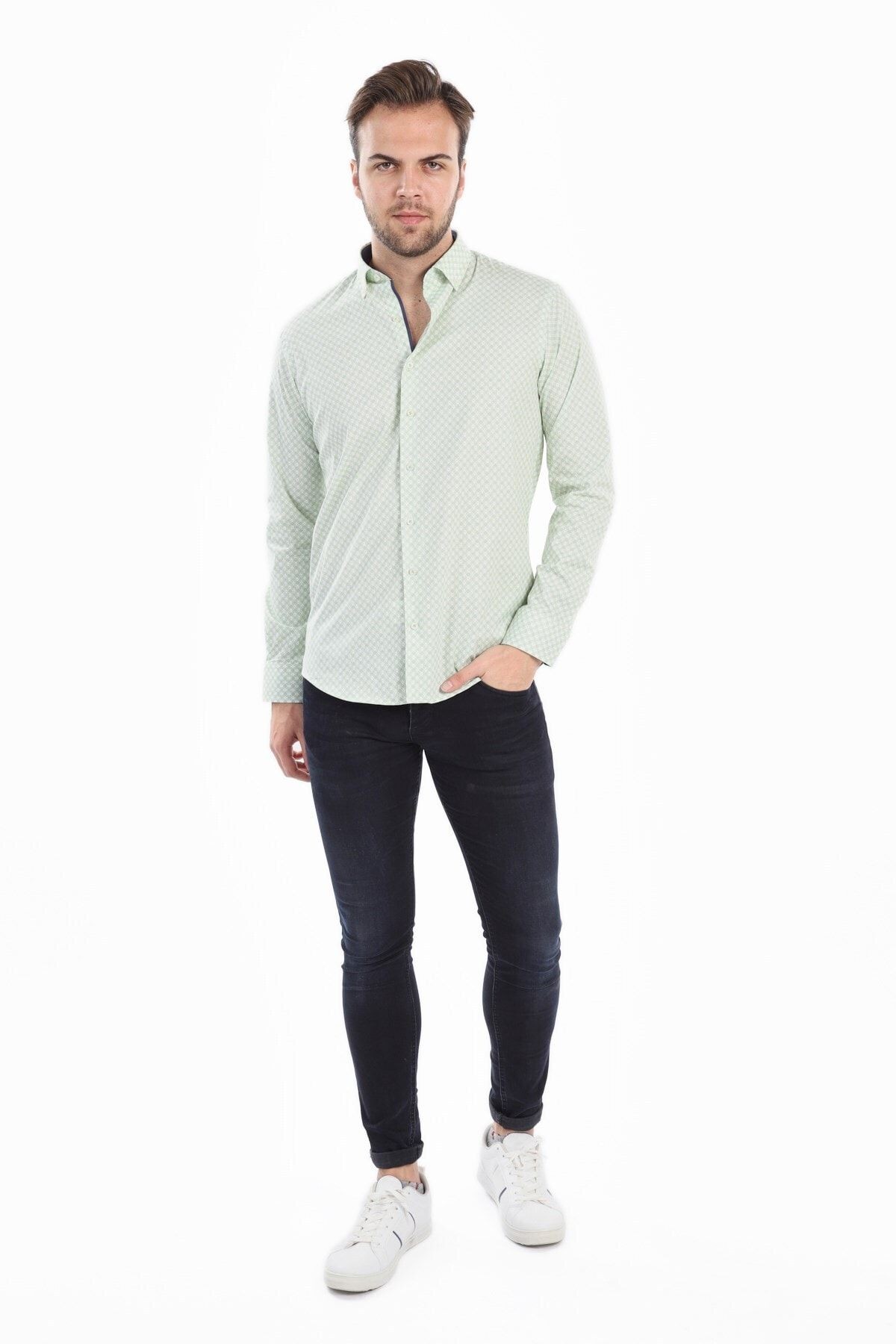 Baskılı Yeşil Slim Fit Gömlek