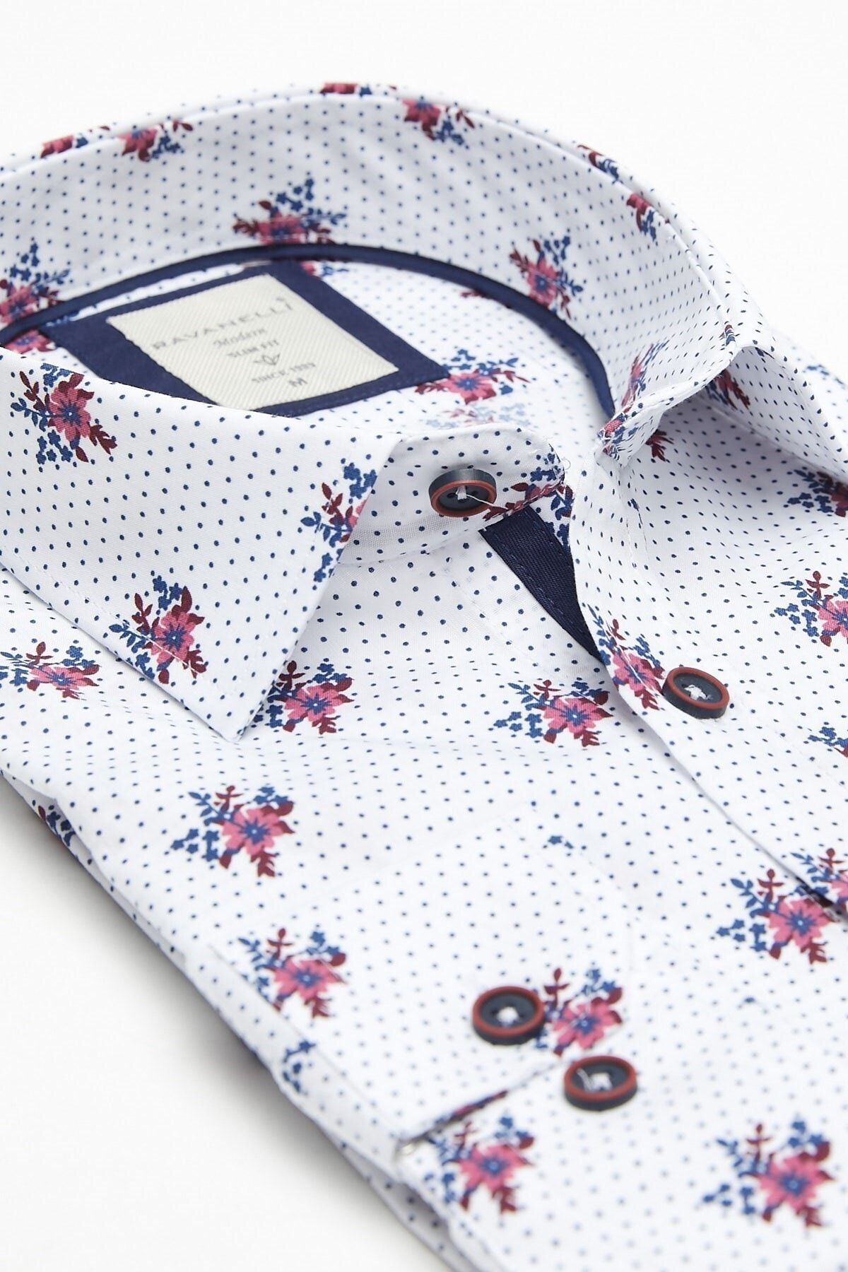 Kırmızı Çiçek Baskılı Slim Fit Uzun Kol Gömlek