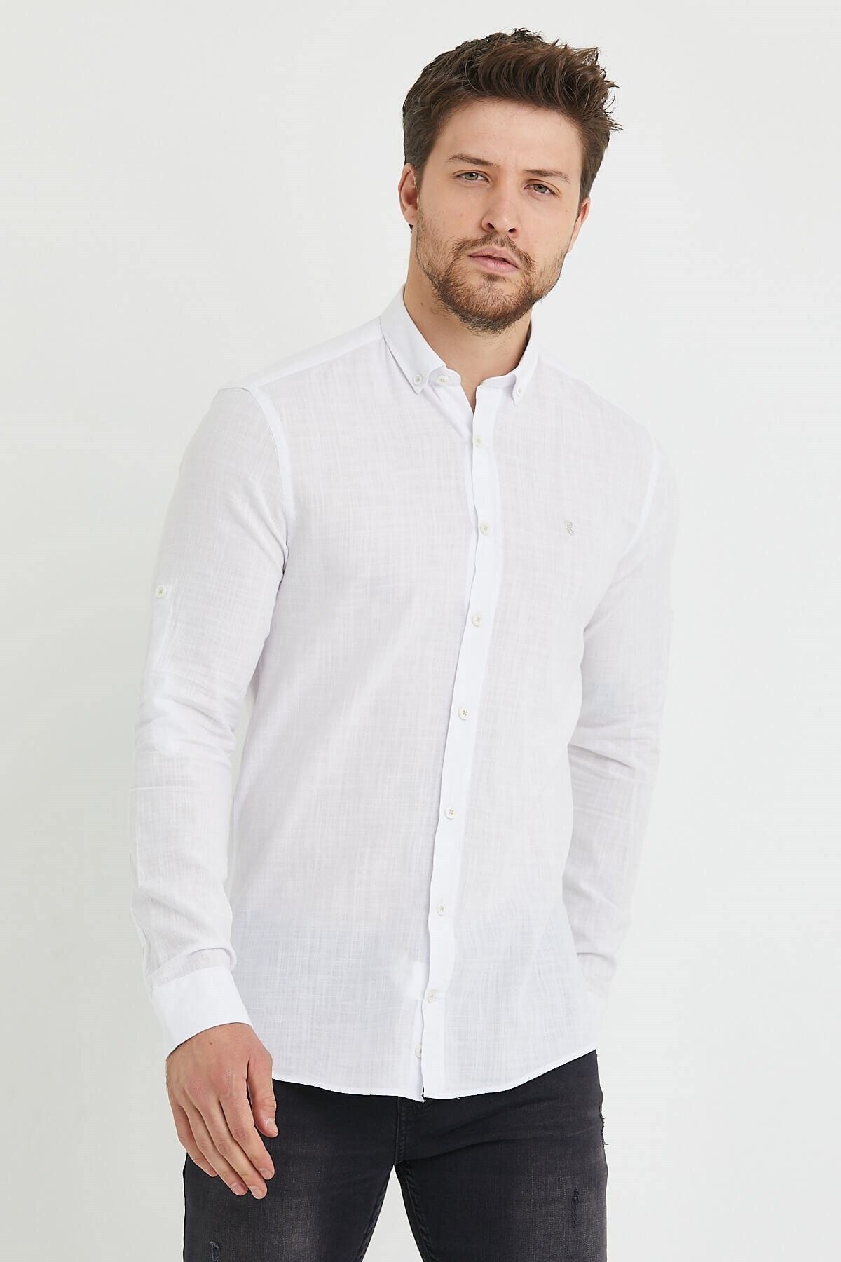 Keten Beyaz Slim Fit Uzun Kol Gömlek