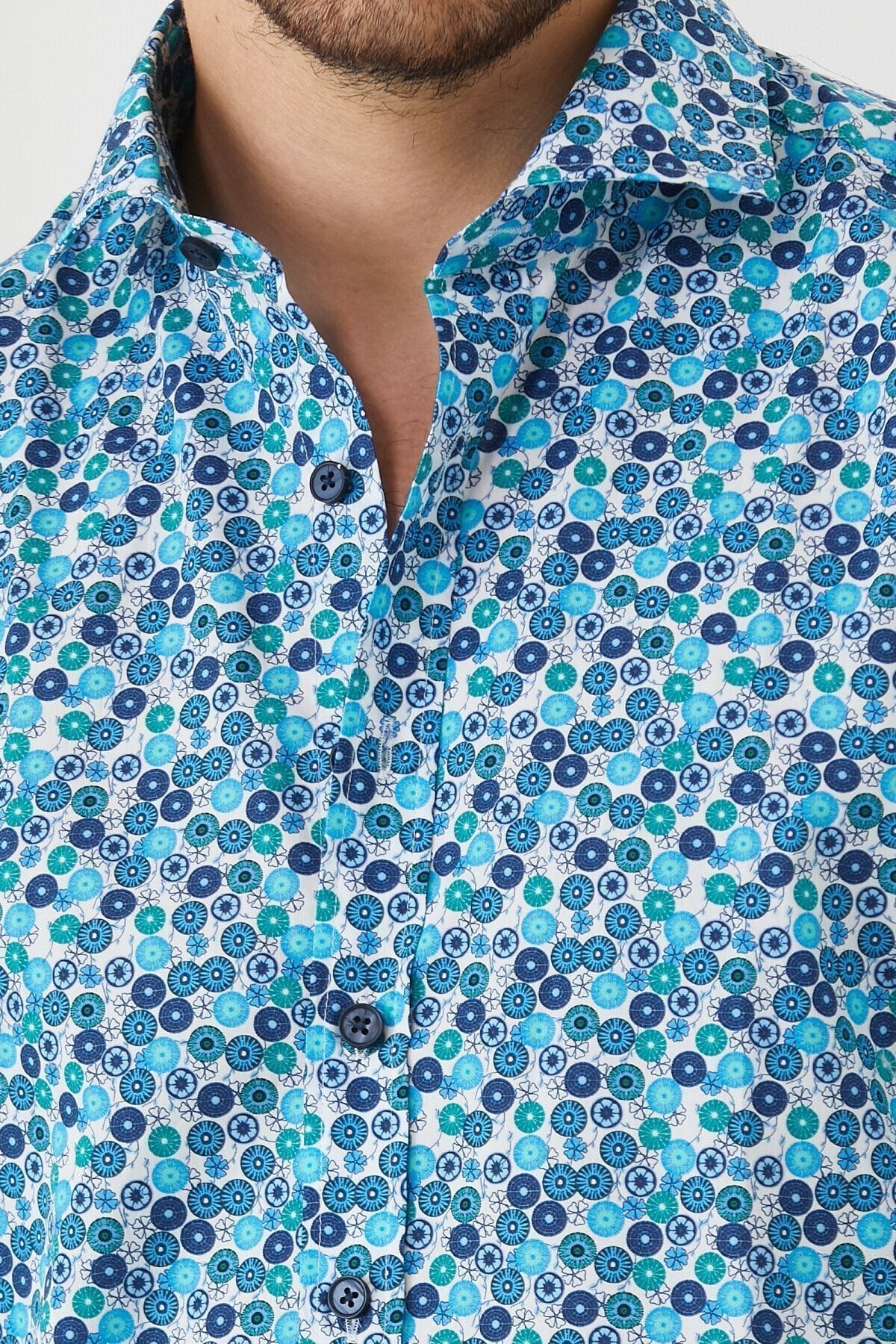 Erkek Pamuklu Dijital Baskı Desenli Dar Kesim Slim Fit Gömlek