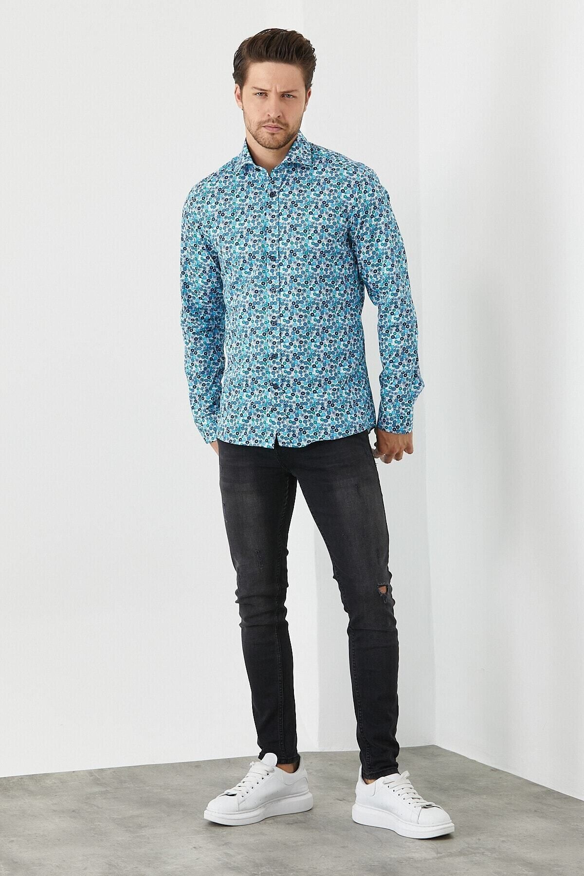 Erkek Pamuklu Dijital Baskı Desenli Dar Kesim Slim Fit Gömlek