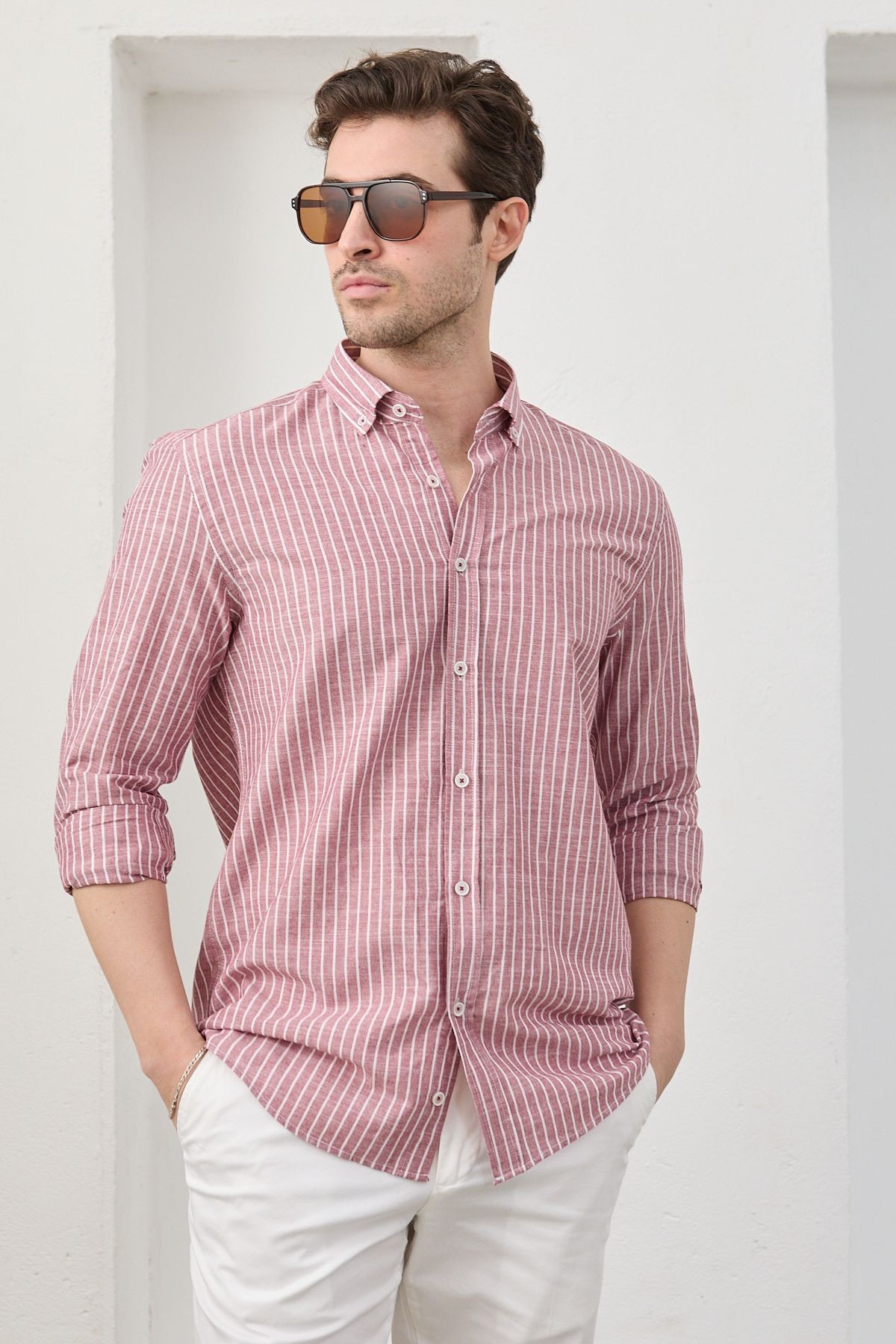 Erkek Çizgili Pamuk Keten Modern Slim Fit Gömlek