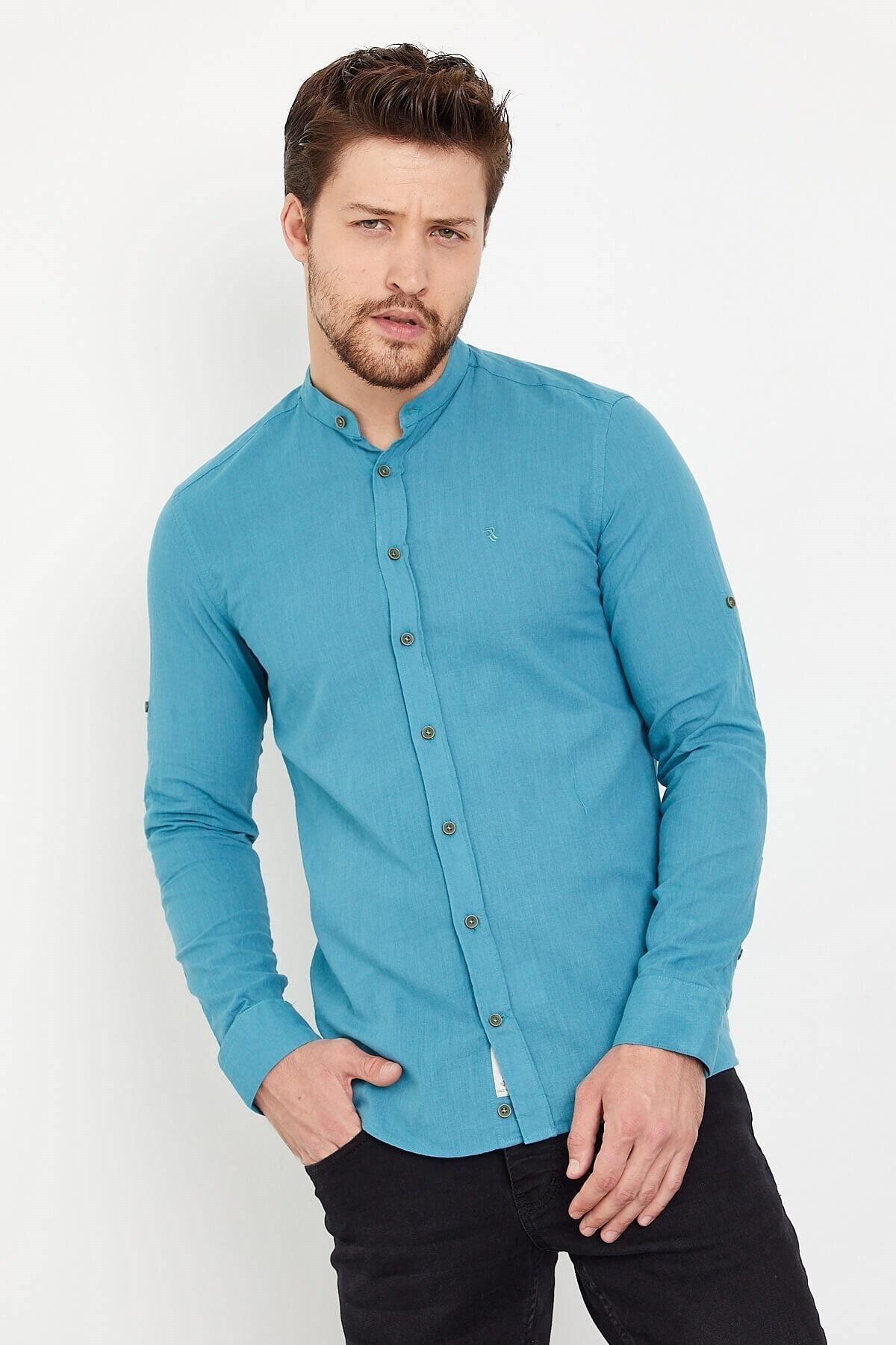 Pamuk Keten Hakim Yaka Yeşil Slim Fit Uzun Kol Gömlek