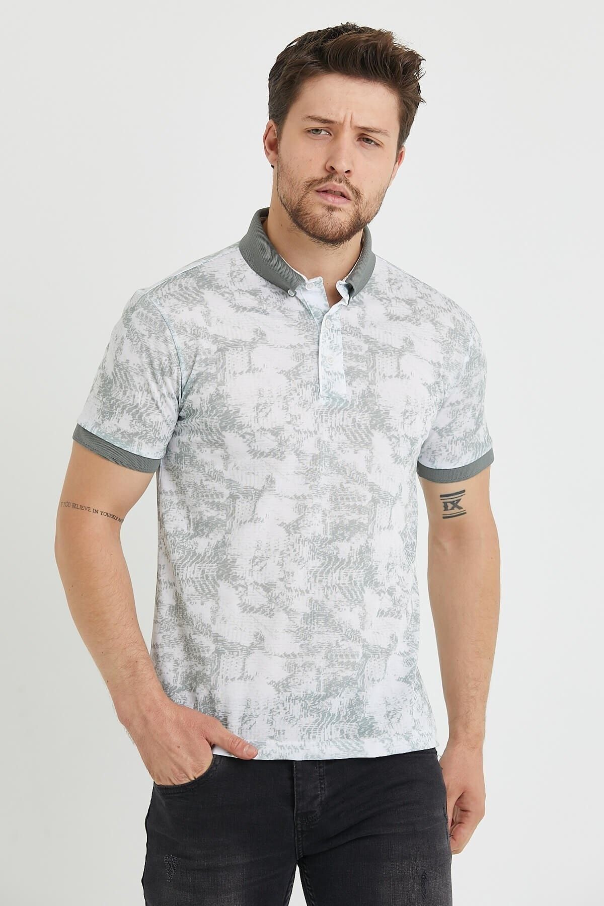 Polo Yaka Düğmeli Baskılı Gri Slim Fit Tişört