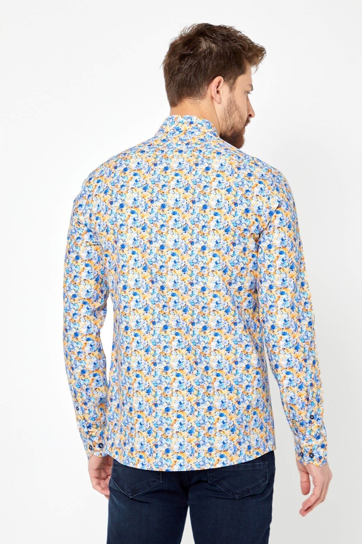 %100 Pamuk Sarı Çiçek Baskılı Slim Fit Uzun Kol Gömlek