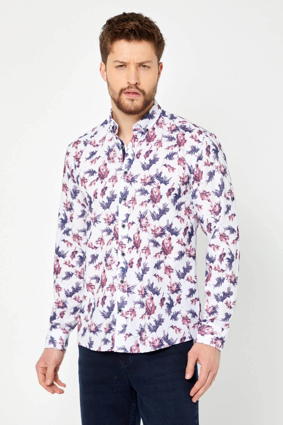 %100 Pamuk Keten Bordo Baskılı Slim Fit Uzun Kol Keten Gömlek