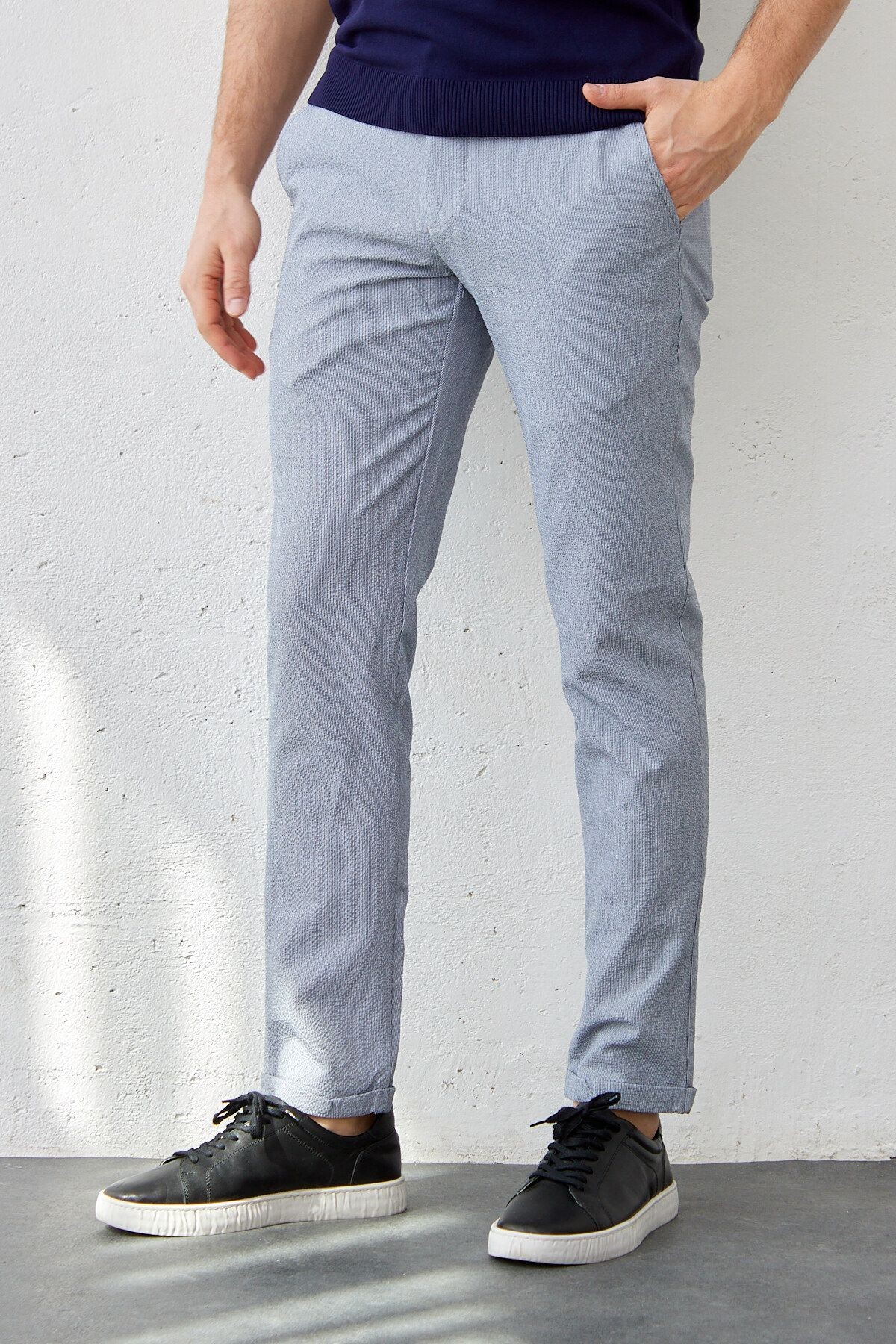 Erkek Beli Lastikli Bağcıklı İnce Çizgili Gofre Dokuma Likralı Esnek Modern Slim Fit Jogger Pantolon
