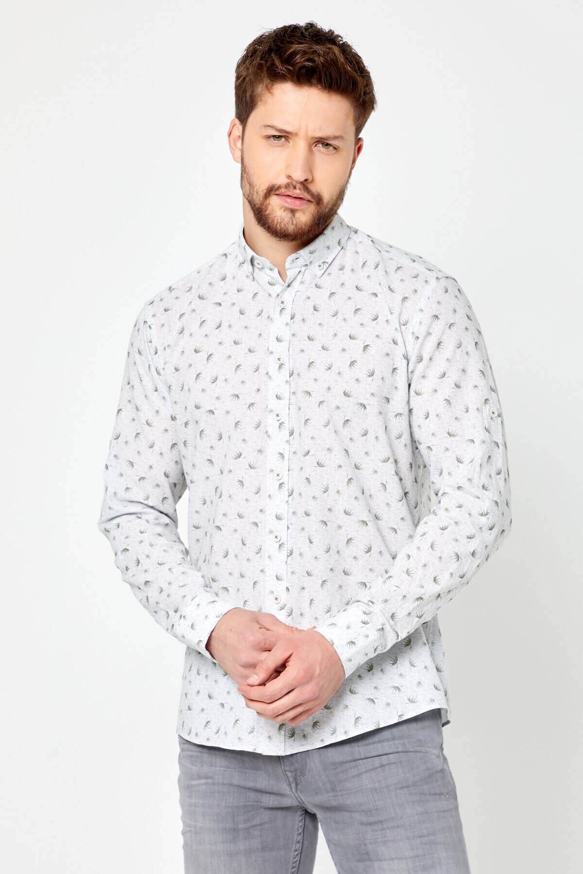 %100 Pamuk Keten Yeşil Baskılı Slim Fit Uzun Kol Keten Gömlek