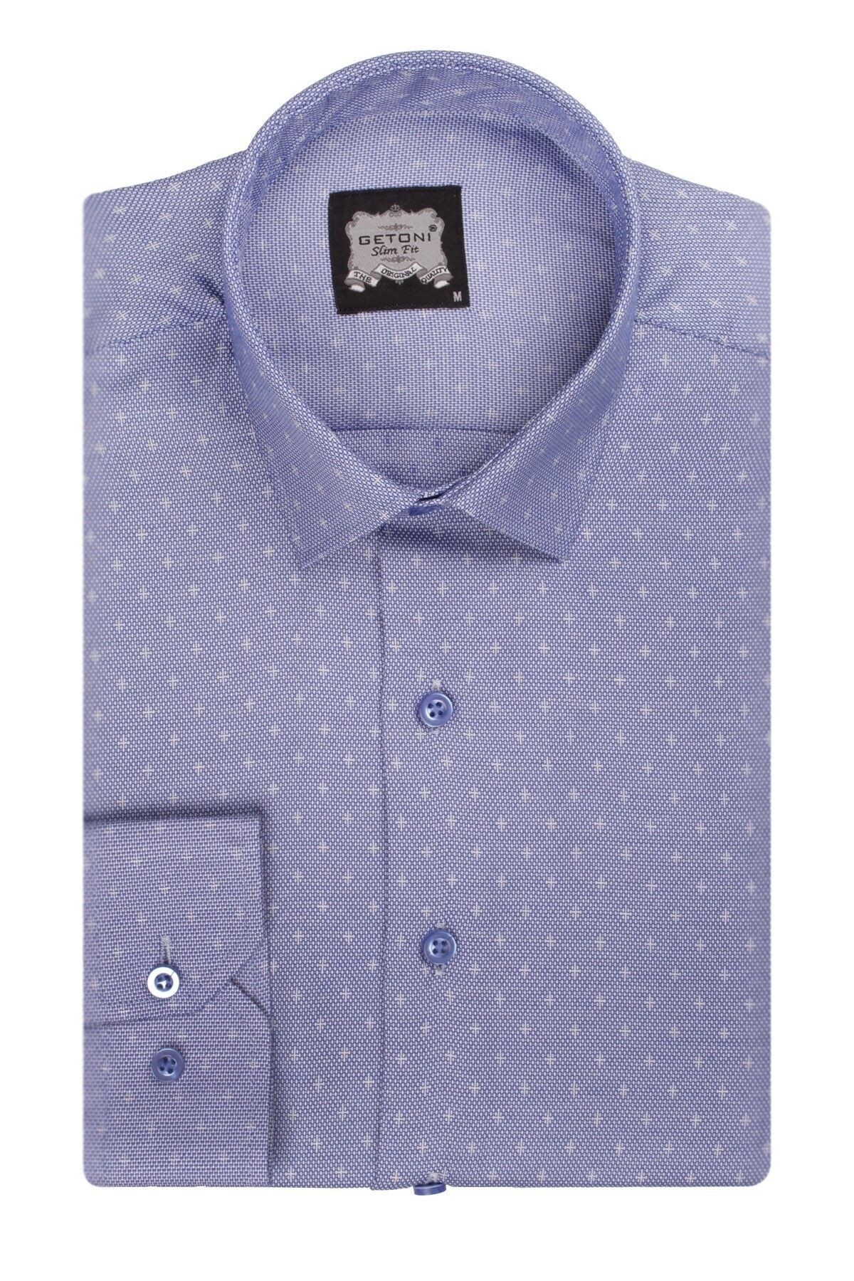 Erkek Mavi Slim Fit Armürlü Gömlek
