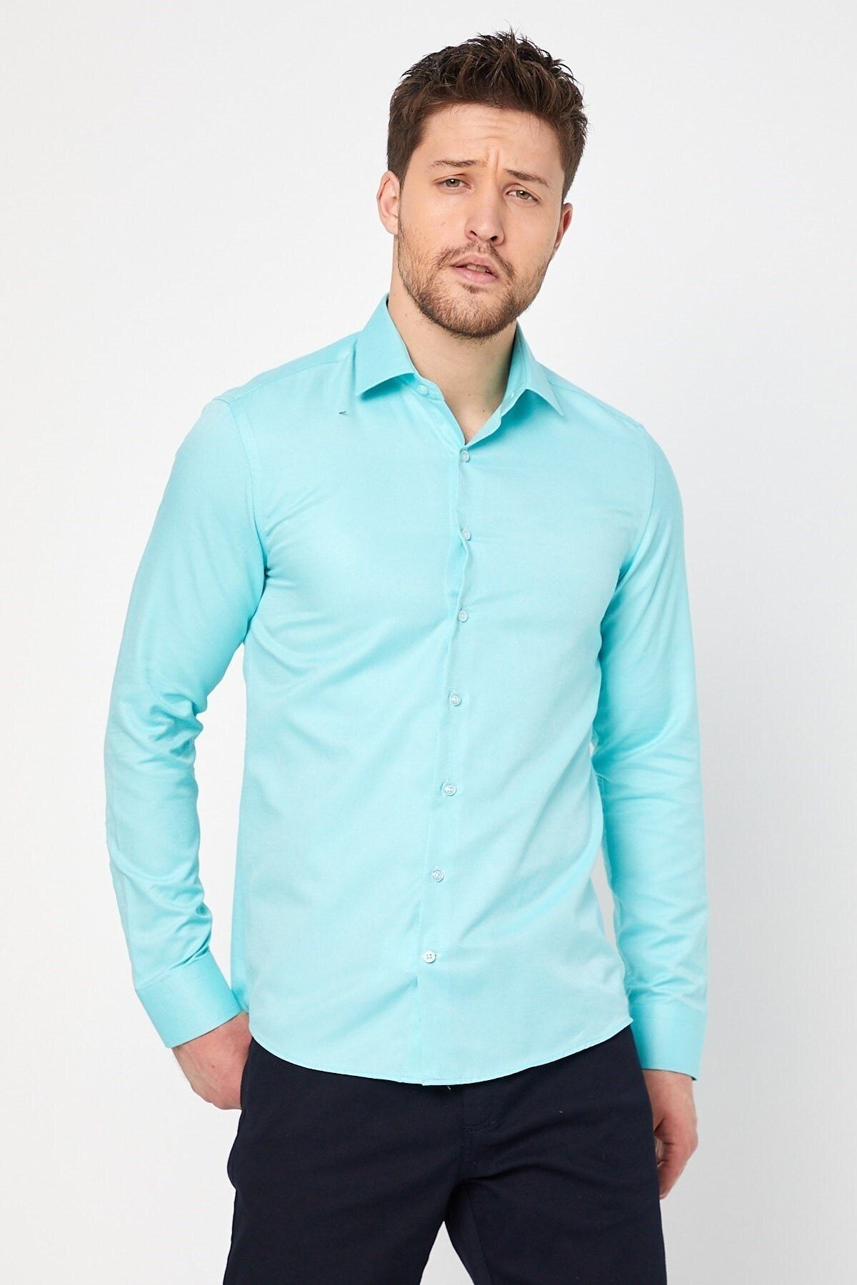 Turkuaz Slim Fit Uzun Kol Gömlek