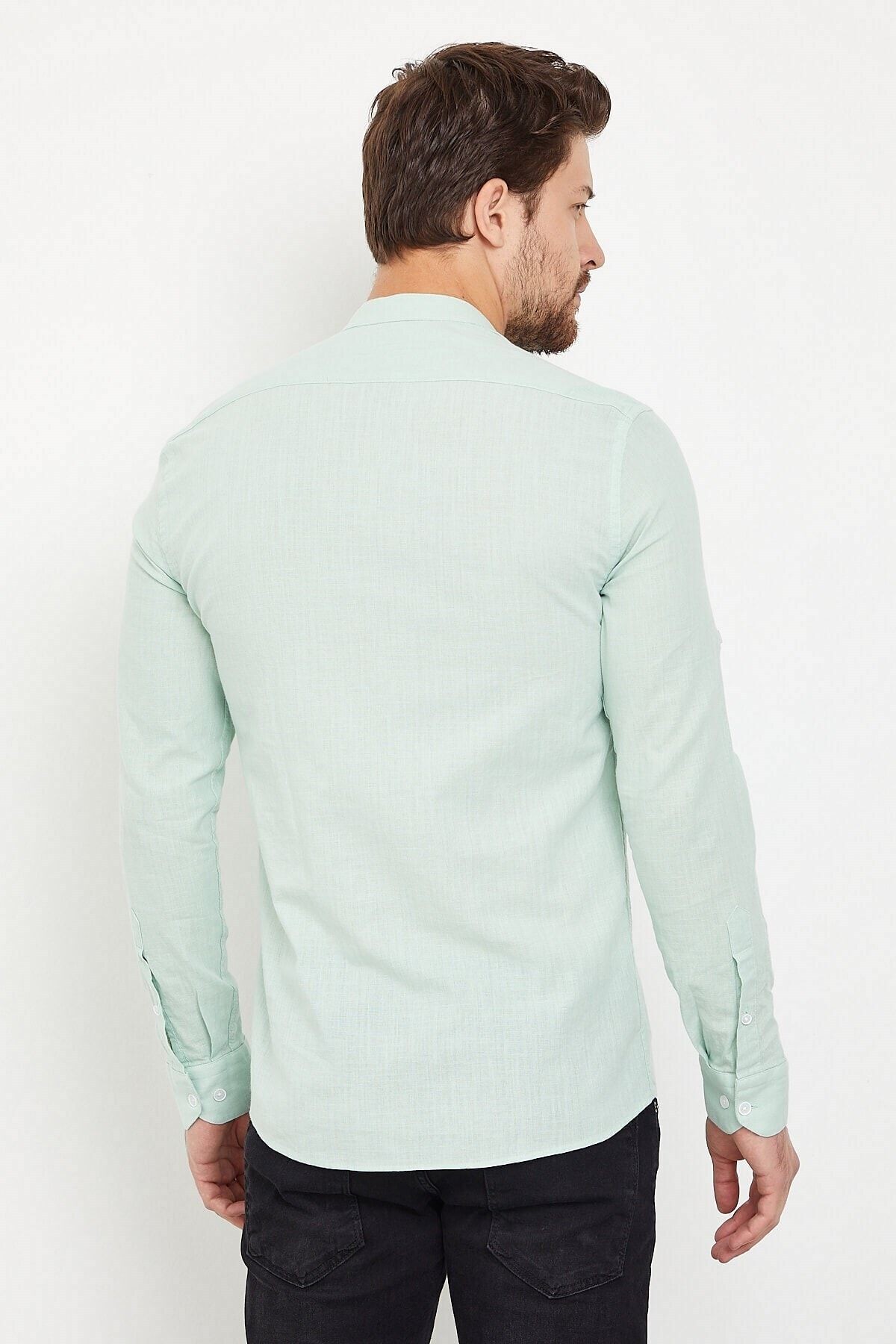 Pamuk Keten Hakim Yaka Açık Yeşil Slim Fit Uzun Kol Gömlek