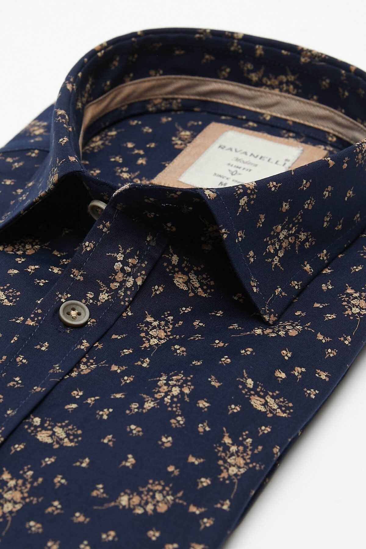 Baskılı Lacivert Slim Fit Uzun Kol Gömlek