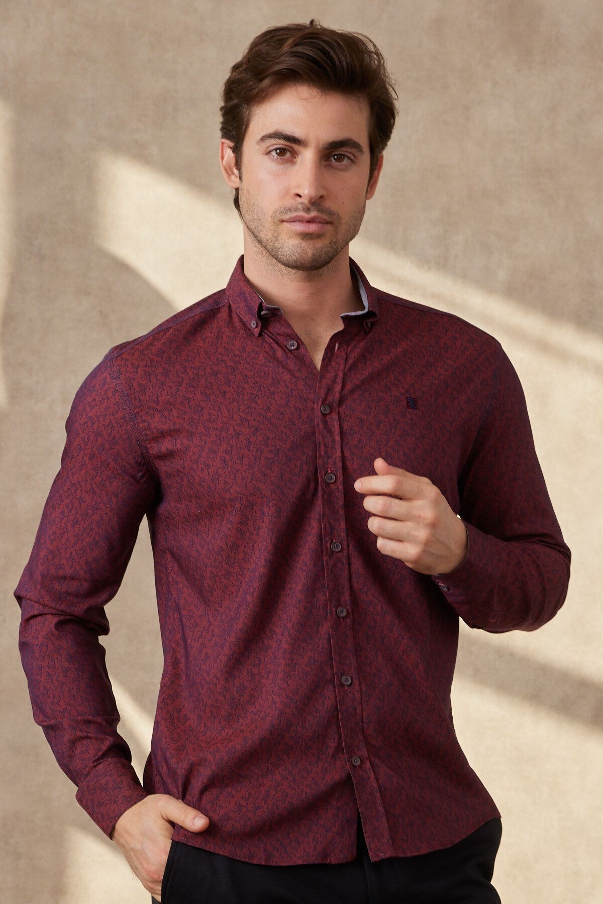Erkek Baskılı Bordo Modern Slim Fit Uzun Kol Gömlek