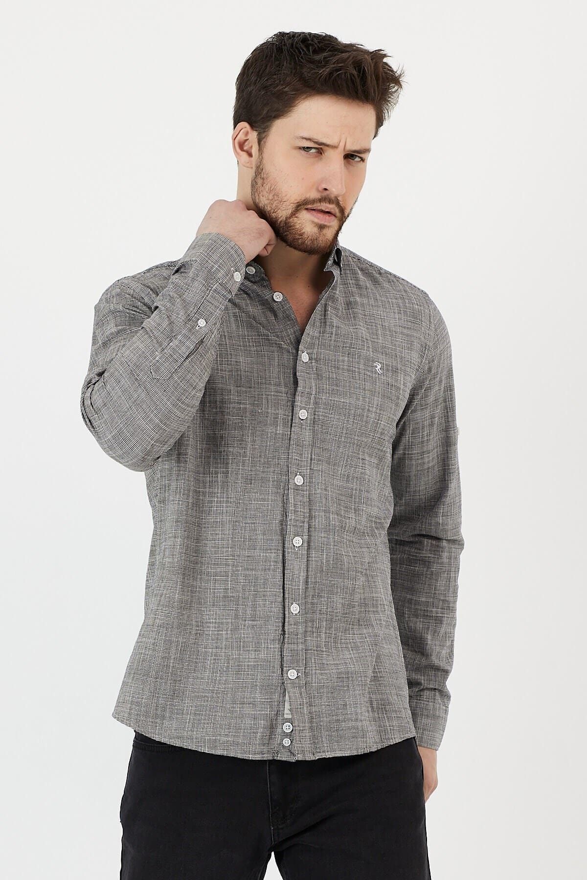 Gri %100 Pamuk Slim Fit Uzun Kol Keten Gömlek