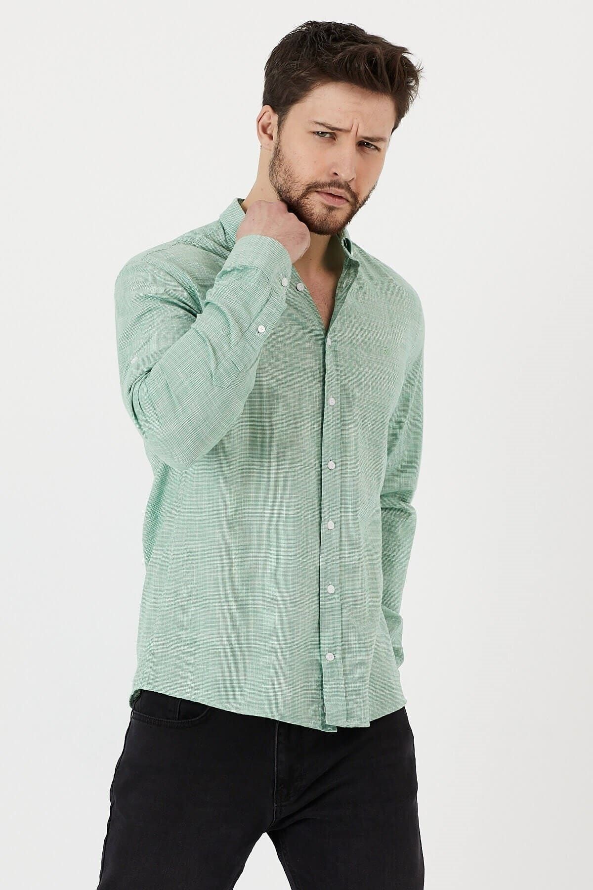 Yeşil %100 Pamuk Slim Fit Uzun Kol Keten Gömlek