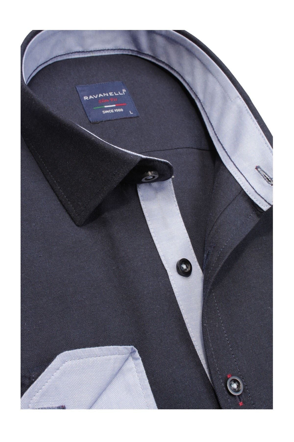 Erkek Lacivert Slim Fit Şambre Uzun Kol Gömlek