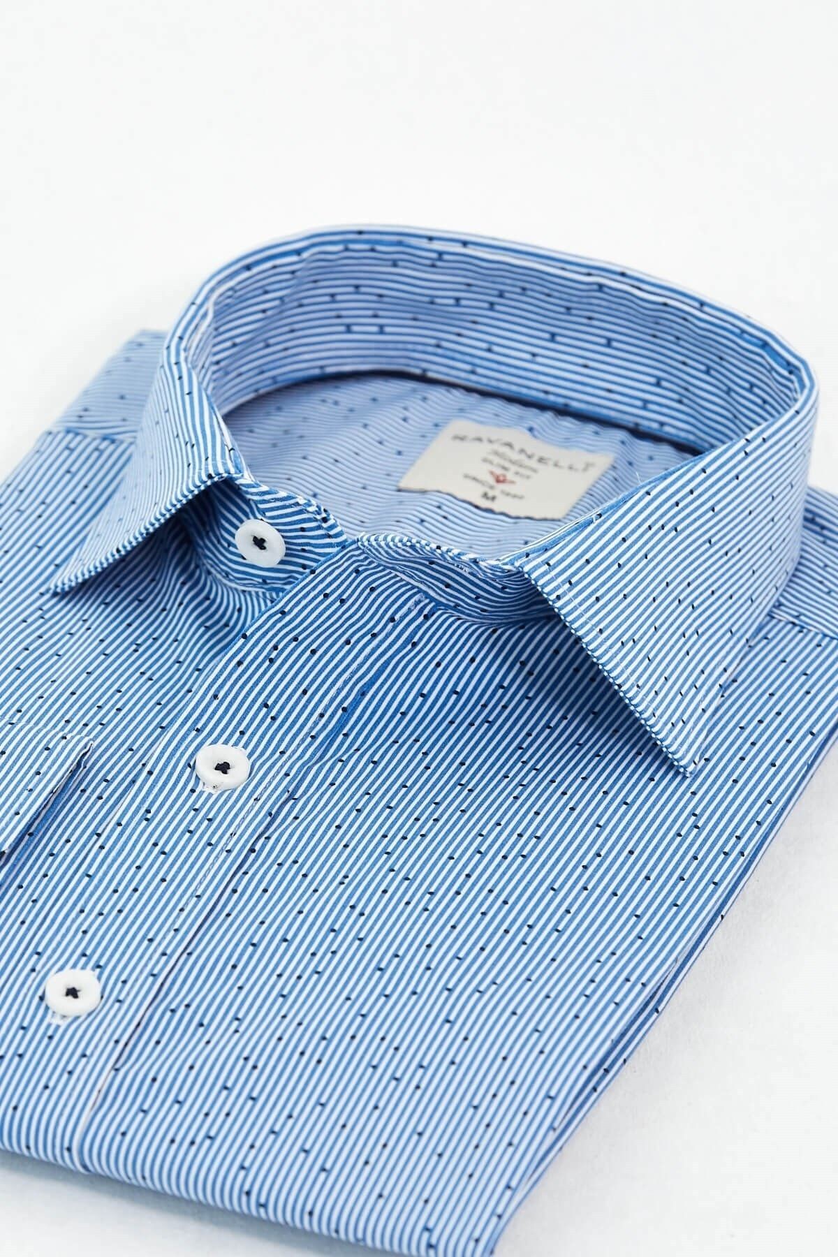 Mavi Baskılı Slim Fit Uzun Kol Gömlek