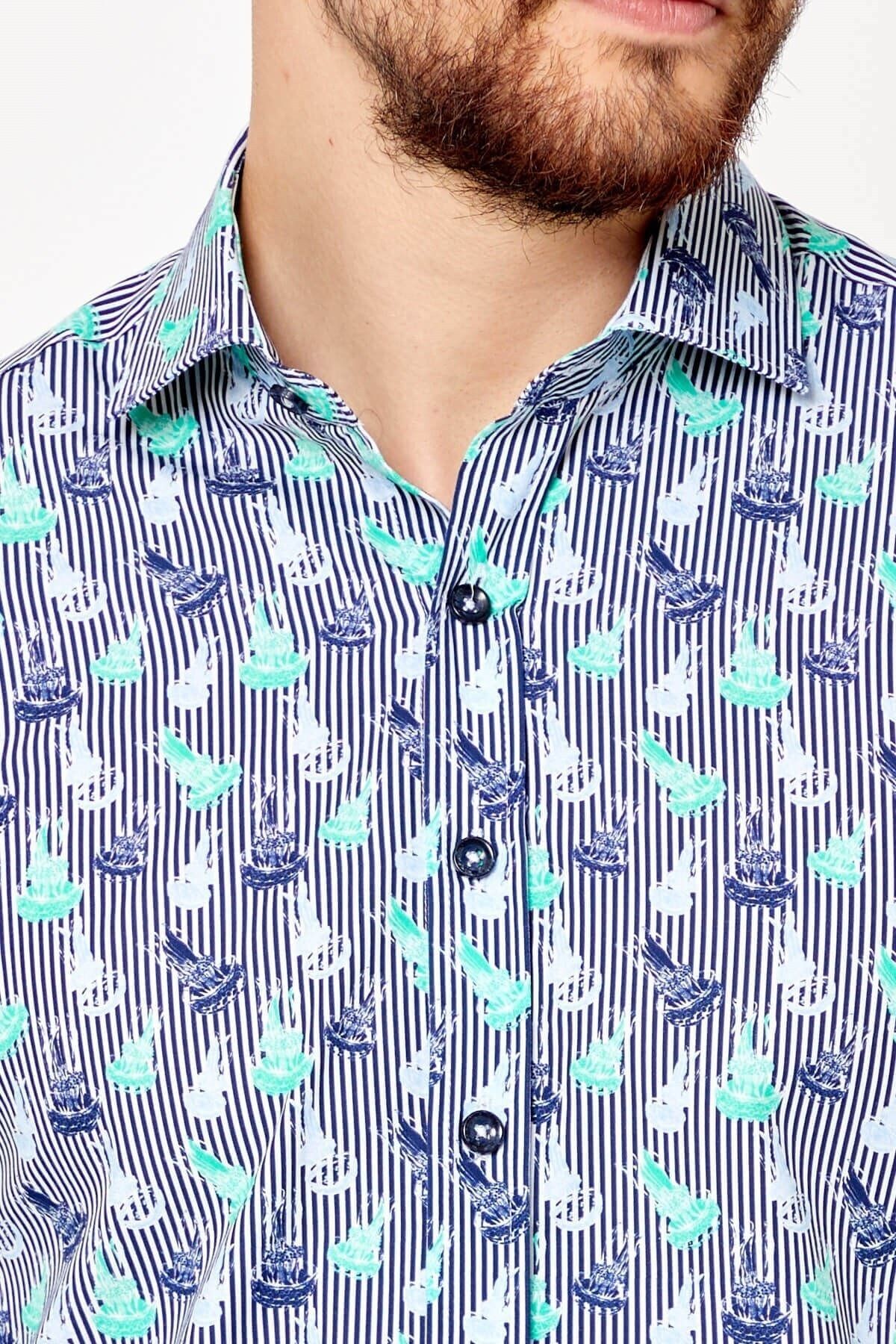 %100 Pamuk Çizgi Baskılı Slim Fit Uzun Kol Gömlek