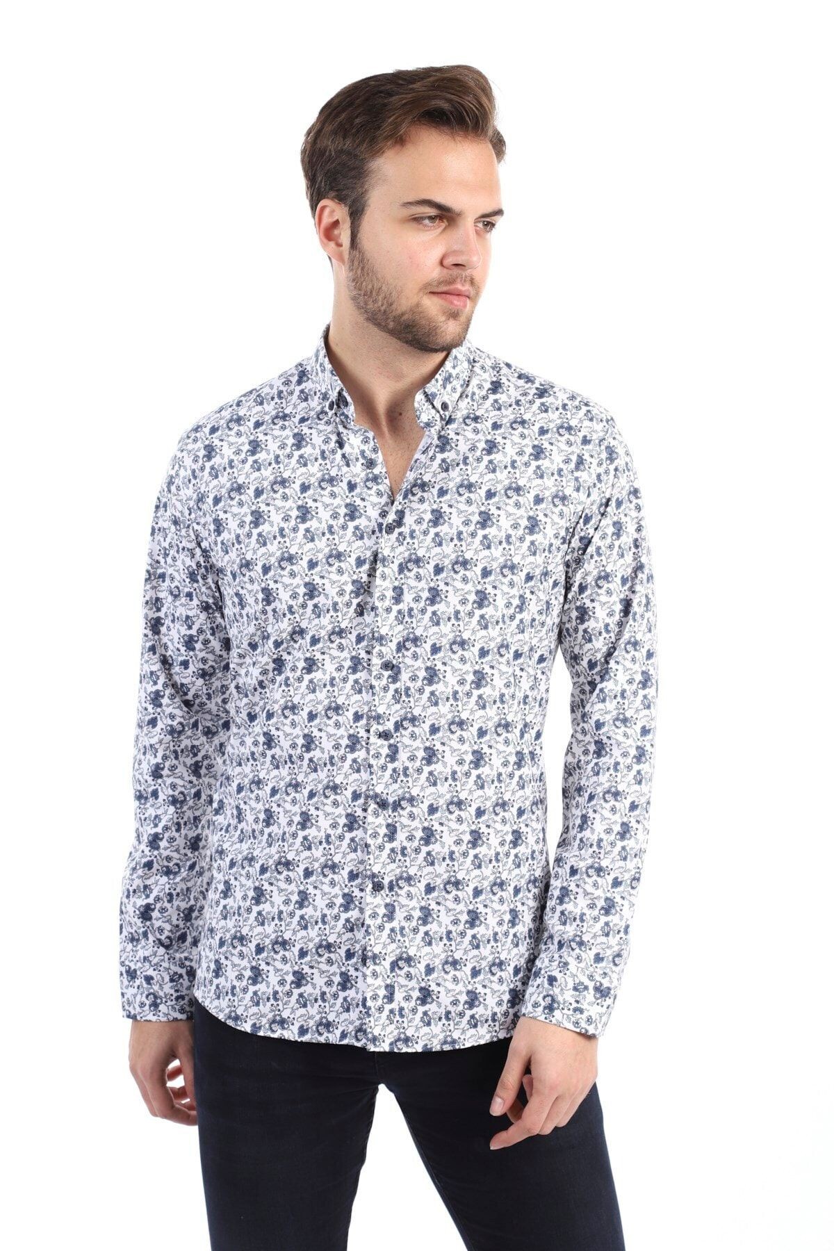 Baskılı Beyaz Slim Fit Likralı Gömlek