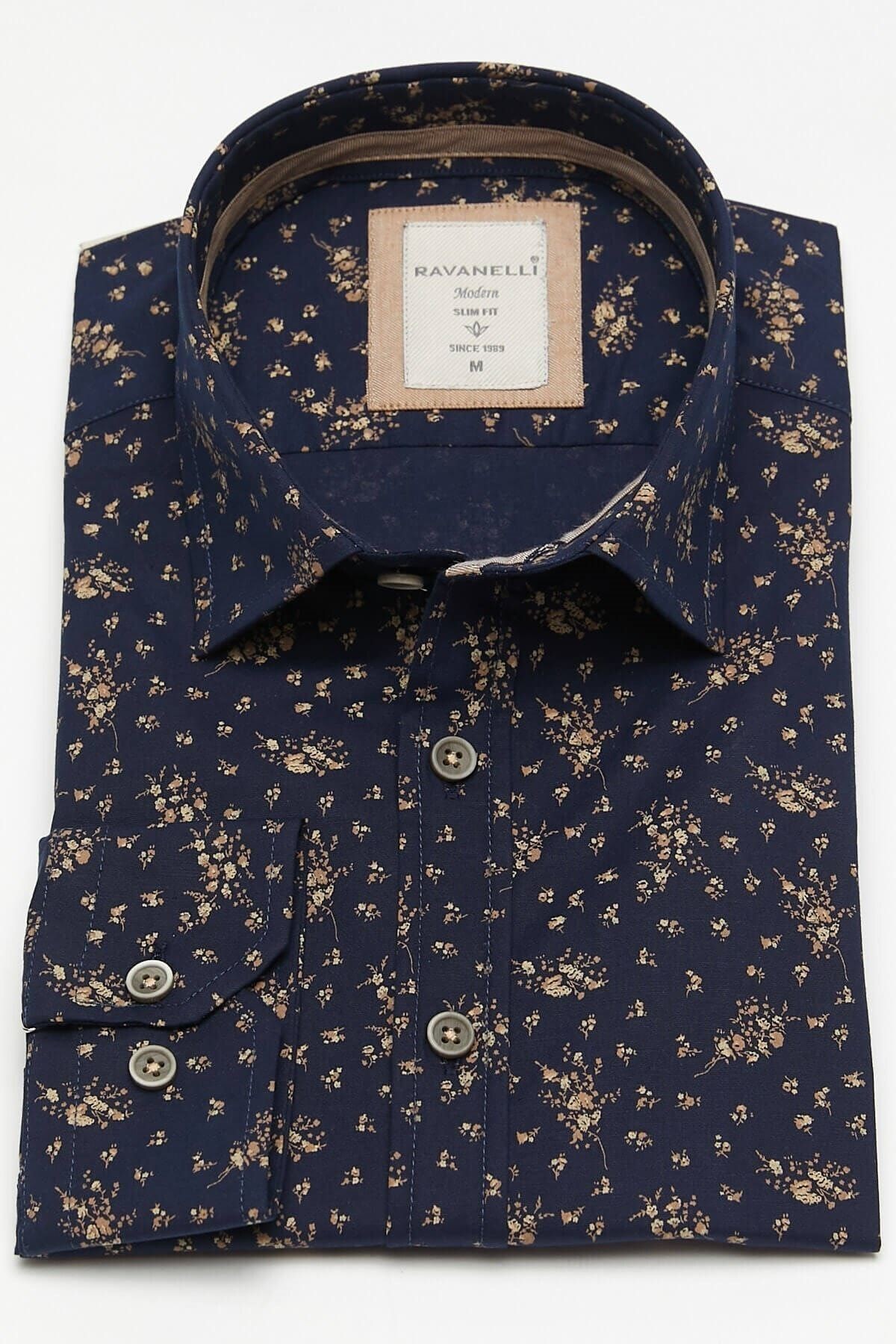 Baskılı Lacivert Slim Fit Uzun Kol Gömlek