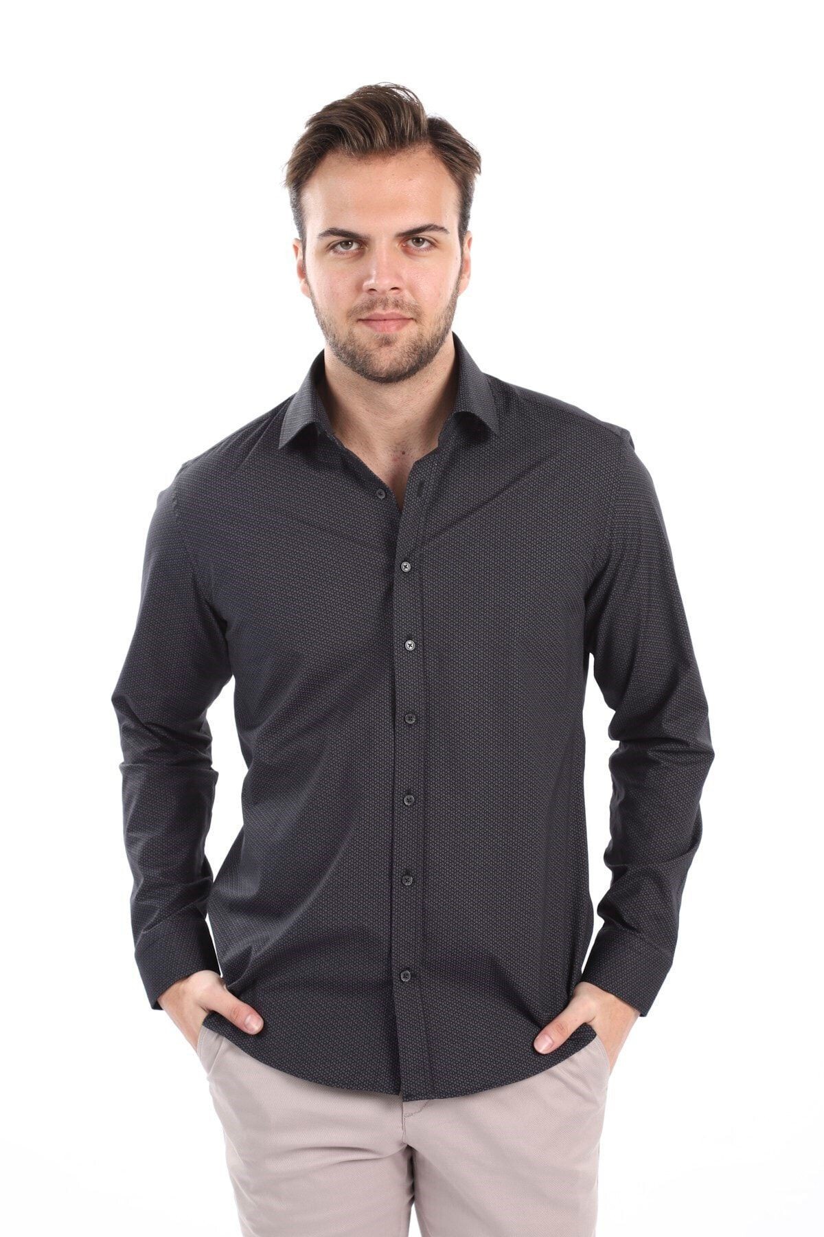 Baskılı Siyah Slim Fit Likralı Gömlek