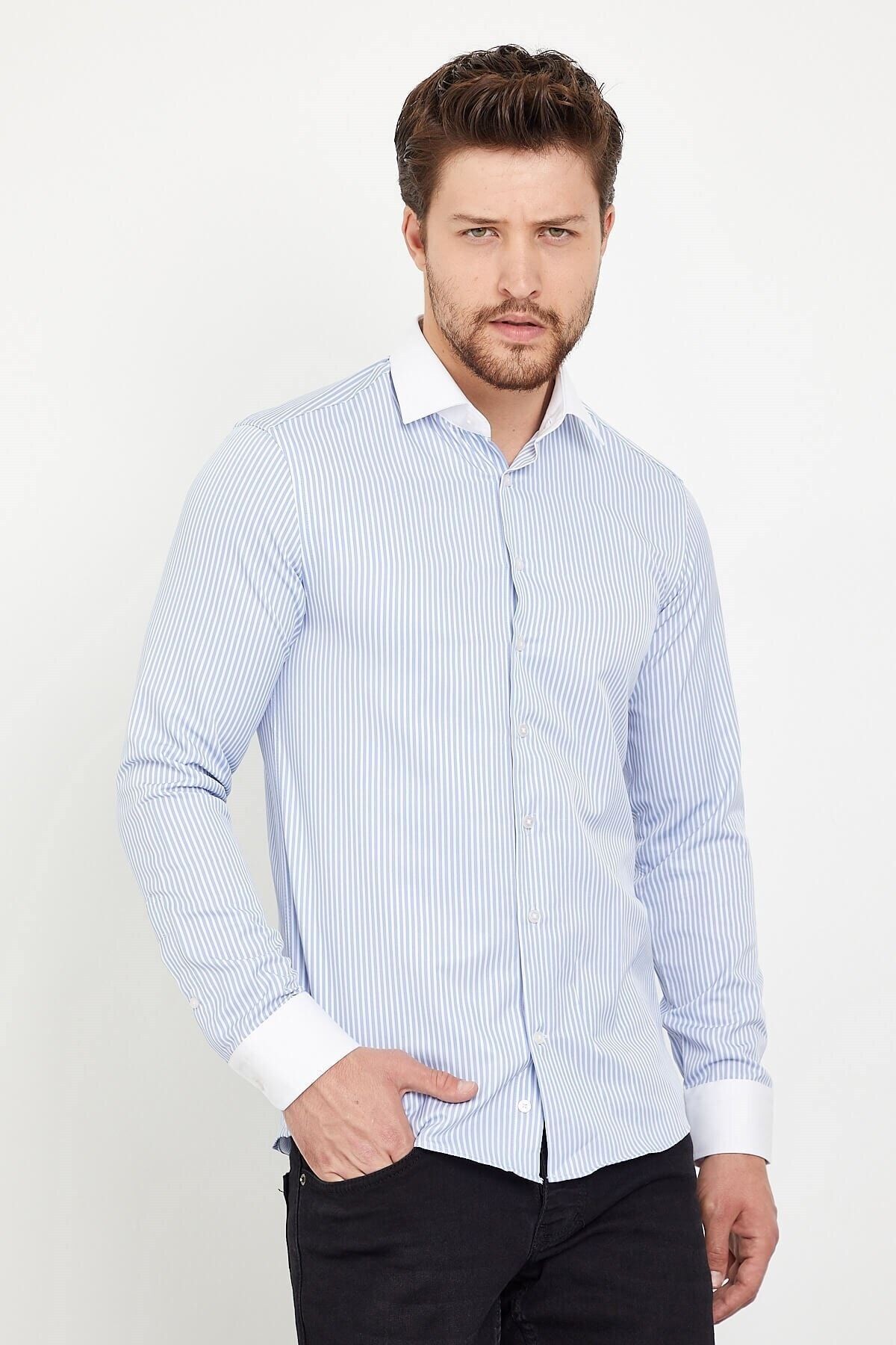 Beyaz Yakalı Mavi Beyaz Çizgili Slim Fit Uzun Kol Gömlek