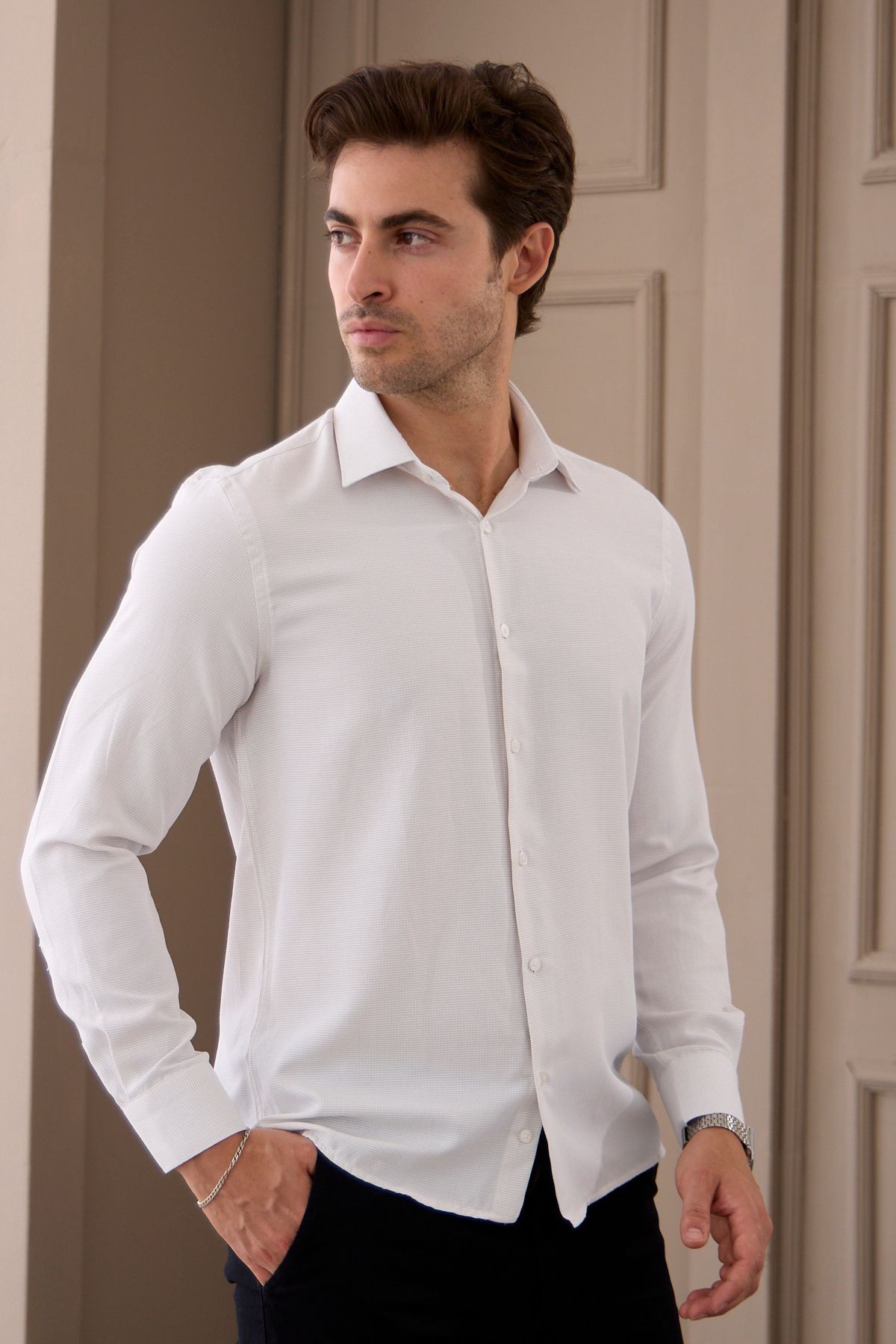 Erkek Bej Uzun Kol Slim Fit Dar Kesim Klasik Yaka Desenli Pamuklu Gömlek