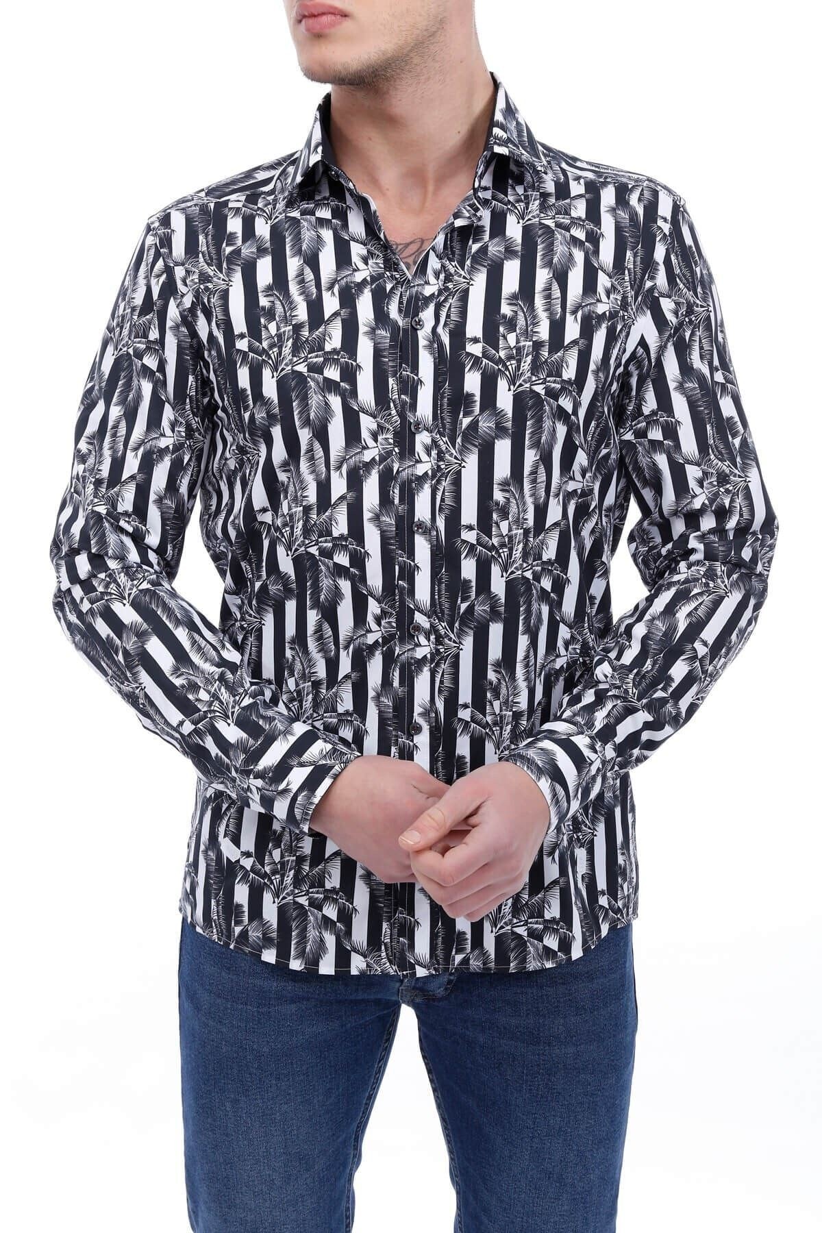 Beyaz Siyah Baskılı Slim Fit Gömlek
