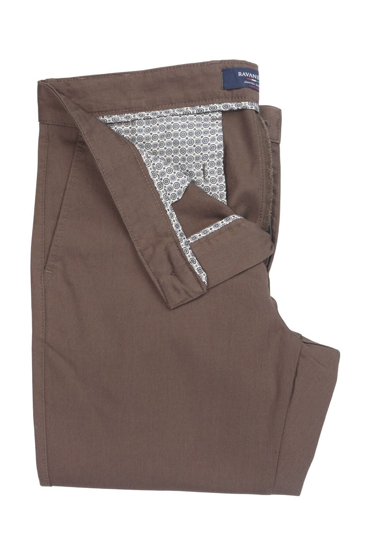 Erkek Kahverengi Regular Fit Armürlü Keten Pantolon