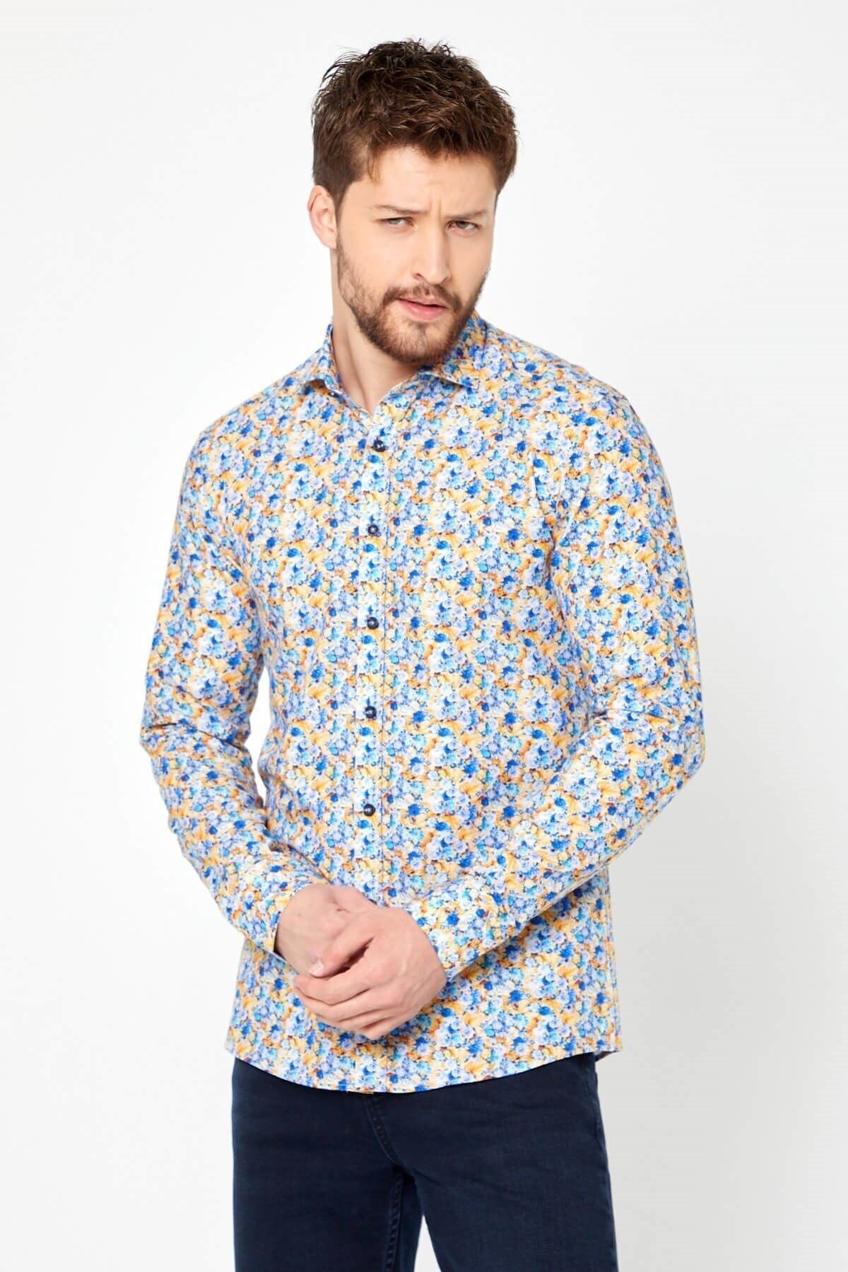 %100 Pamuk Sarı Çiçek Baskılı Slim Fit Uzun Kol Gömlek