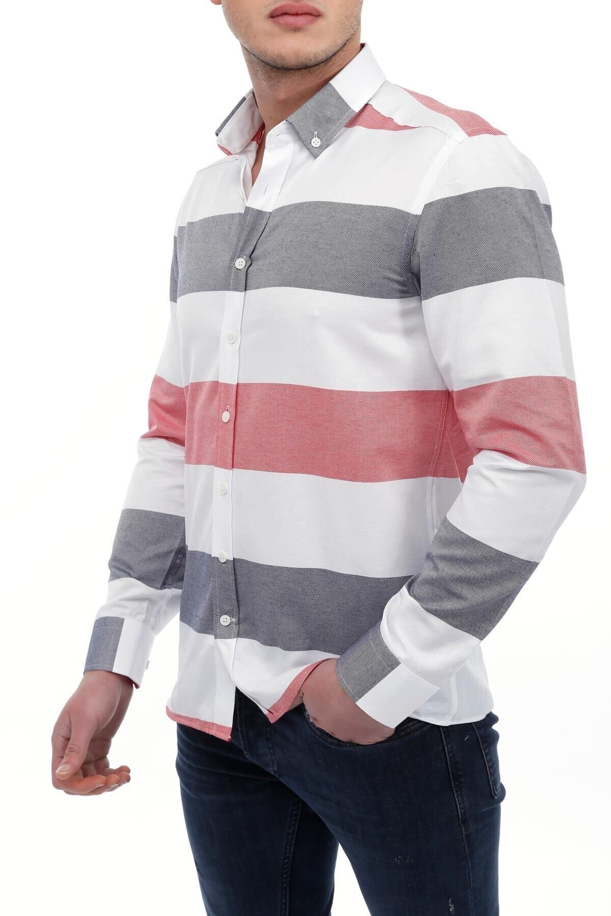 Gri Beyaz Panolo Slim Fit Gömlek