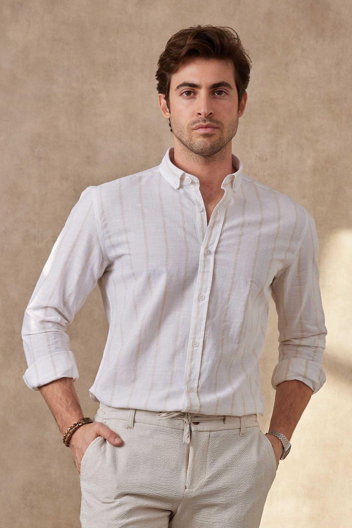 Çizgili Modern Slim Fit Keten Uzun Kol Erkek Gömlek