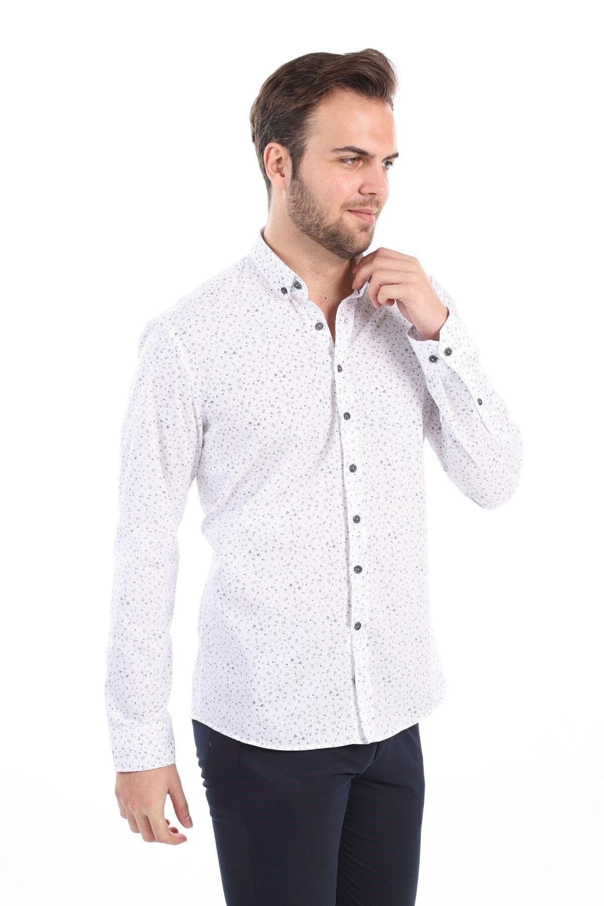 Baskılı Beyaz Slim Fit Gömlek
