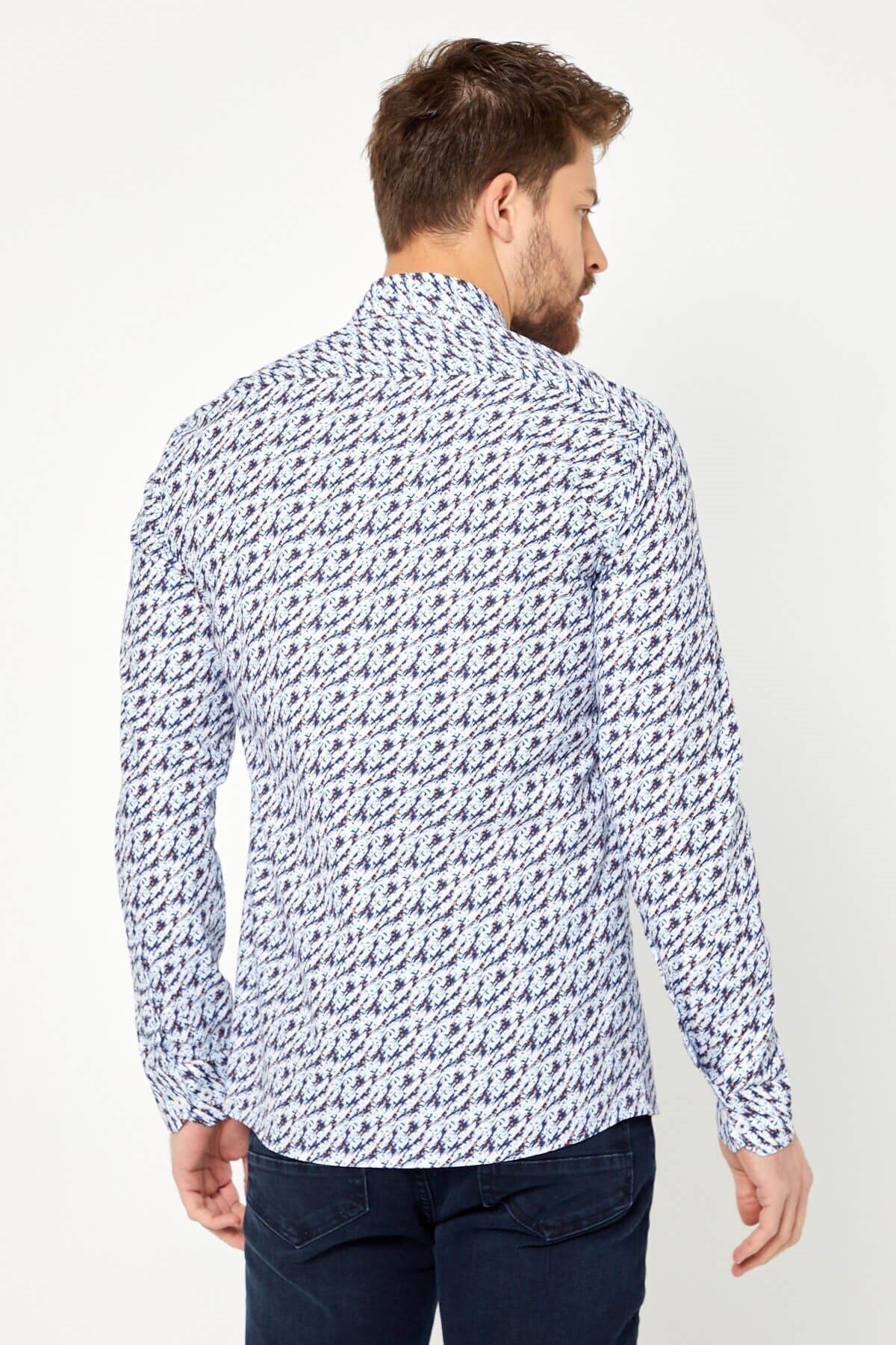 %100 Pamuk Lacivert Baskılı Slim Fit Uzun Kol Gömlek